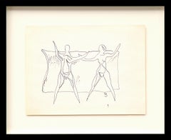 1970s Semi-Abstract Ink Drawing – Two Figures, American Modern Black Pen Art