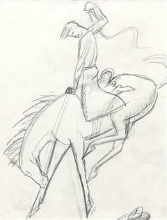 Bucking Bronco, Original Sketch of Horse and Cowboy, Modernist Framed Drawing
