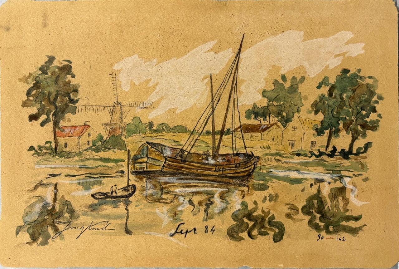 Landscape Art di Johan Jongkind - "Au Bord du Fleuve en Hollande" acquerello olandese del XIX secolo