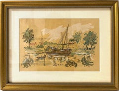 19th Century Dutch Landscape: Watercolor of Riverbank in Holland