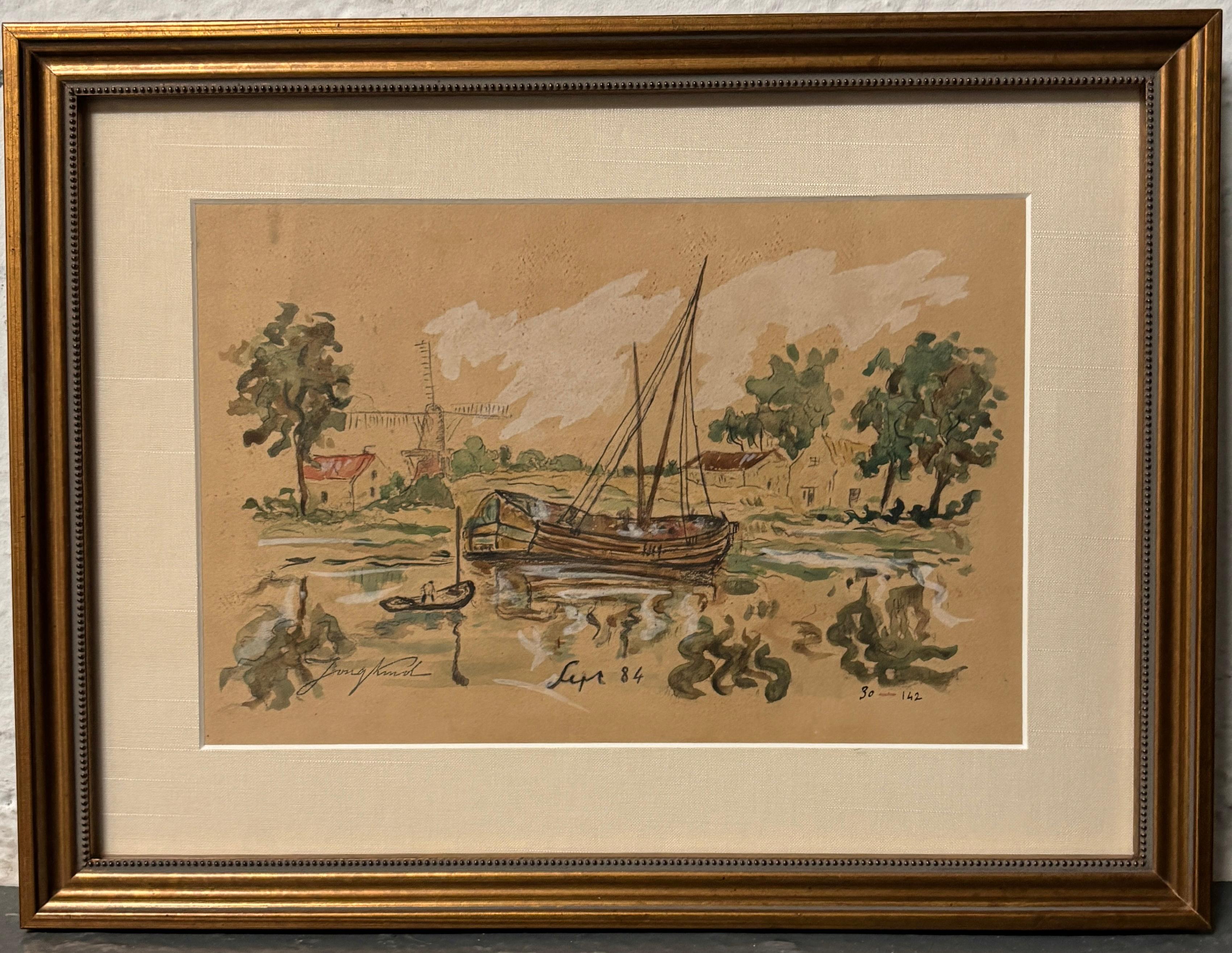 19th Century Dutch Landscape: Watercolor of Riverbank in Holland