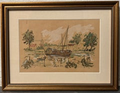 19th Century Dutch Landscape: Watercolor of Riverbank in Holland