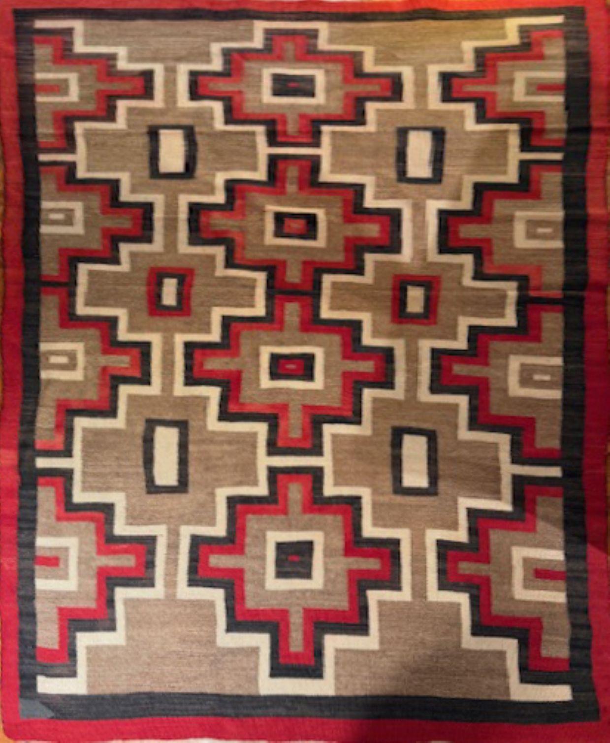 Navajo Weaving - Chief Blanket with Red, Black and Beige Pattern - Art by Unknown