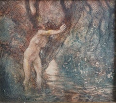 Acquarello Francese Impressionista Firmato da Gaston La Touche in Cornice Ninfa