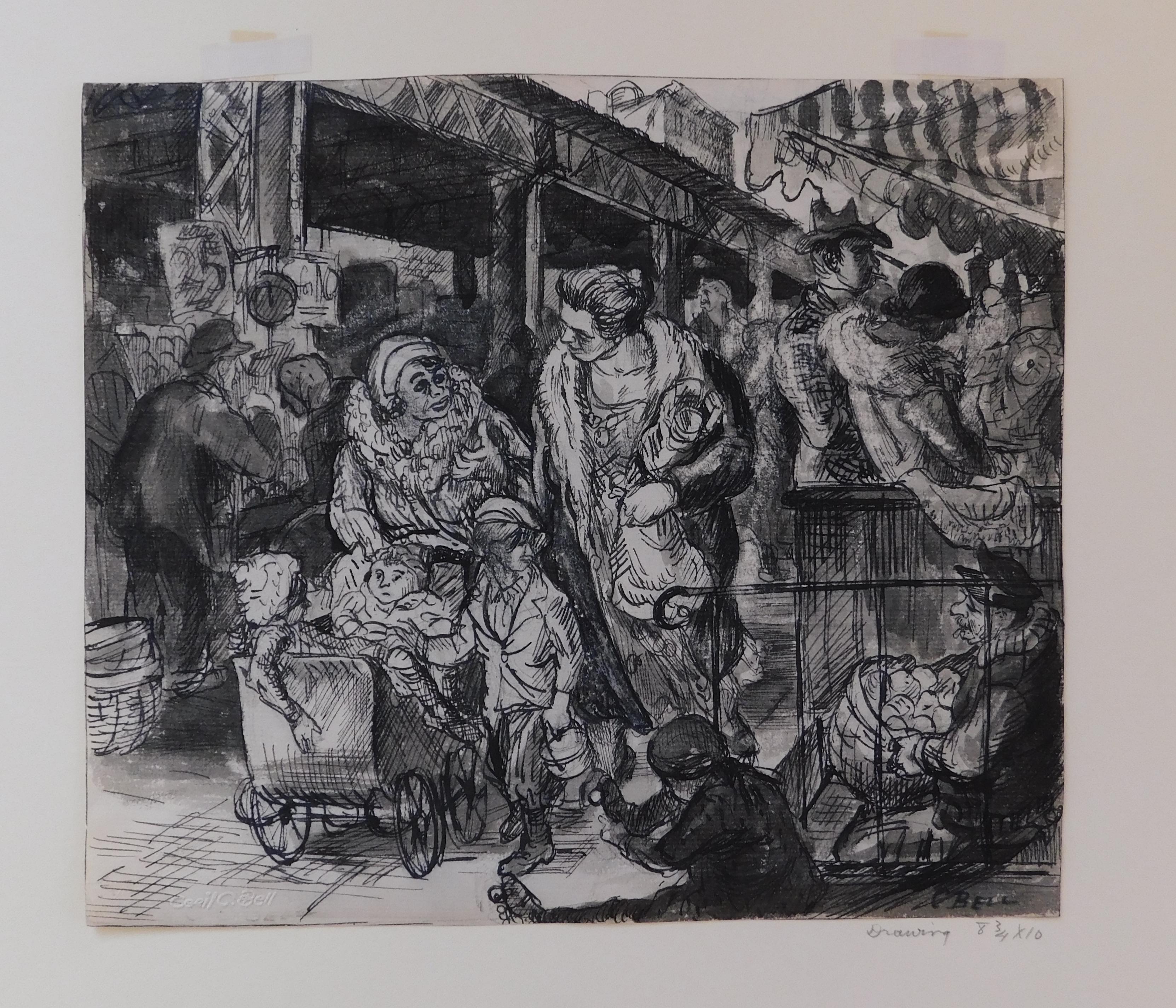 Cecil Crosley Bell (1906-1970) Pen & ink with watercolor. 
The artist’s blind stamp reading “Cecil C. Bell” is seen lower left.
The work is also signed in ink “C.Bell” lower right. 
Image measures 8 3/4 x 10. It rests in a 16 x 20 inch archival mat
