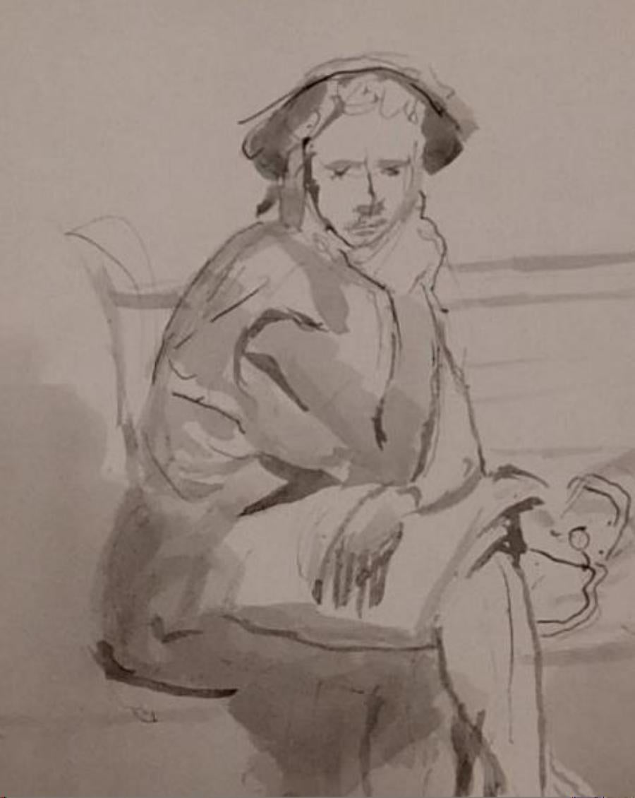 Lavis d'encre Isabel Bishop, femme assise - Circa 1940's en vente 2