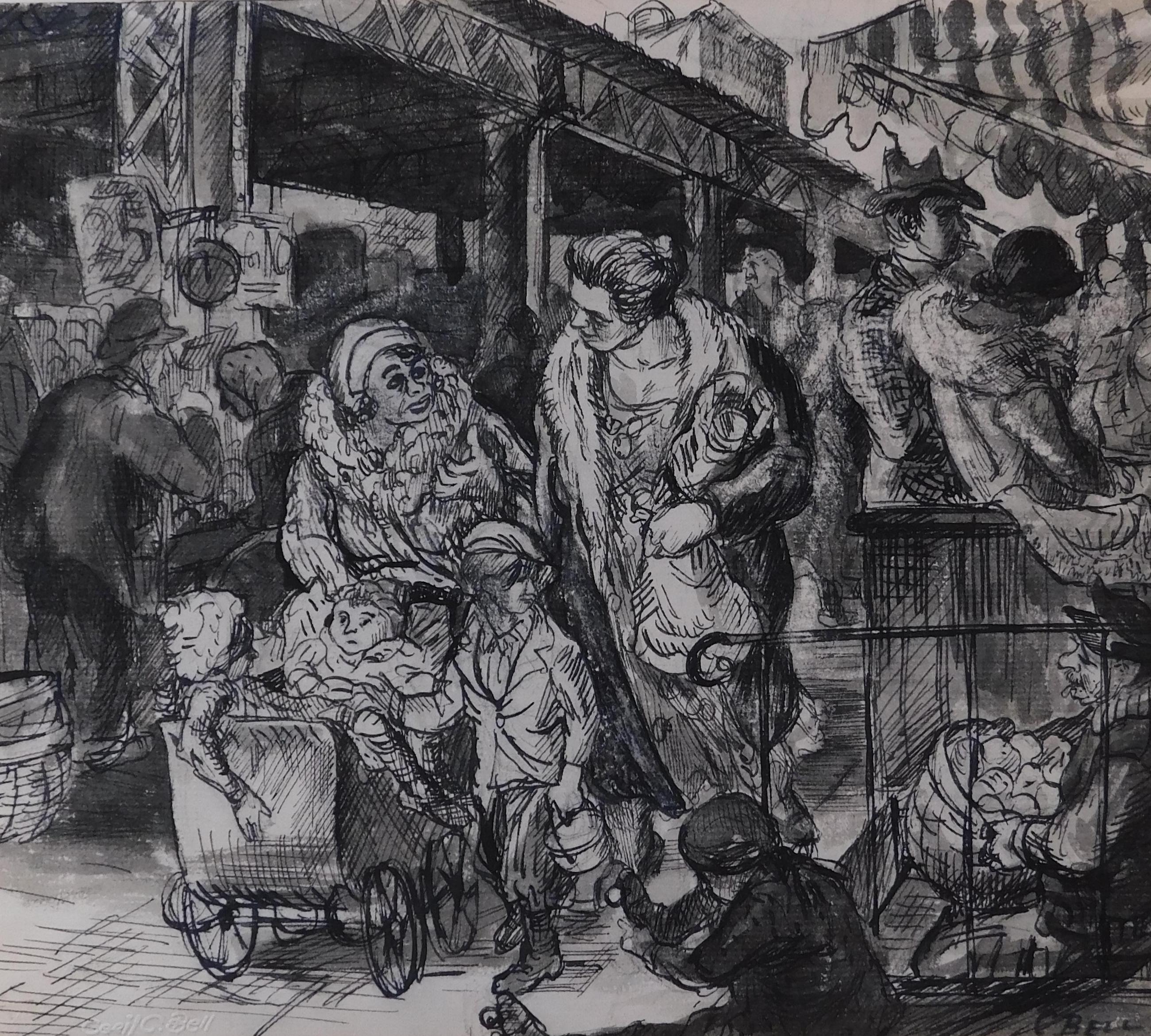 Cecil Crosley Bell Pen & Ink Drawing with Watercolor - New York Market For Sale 1