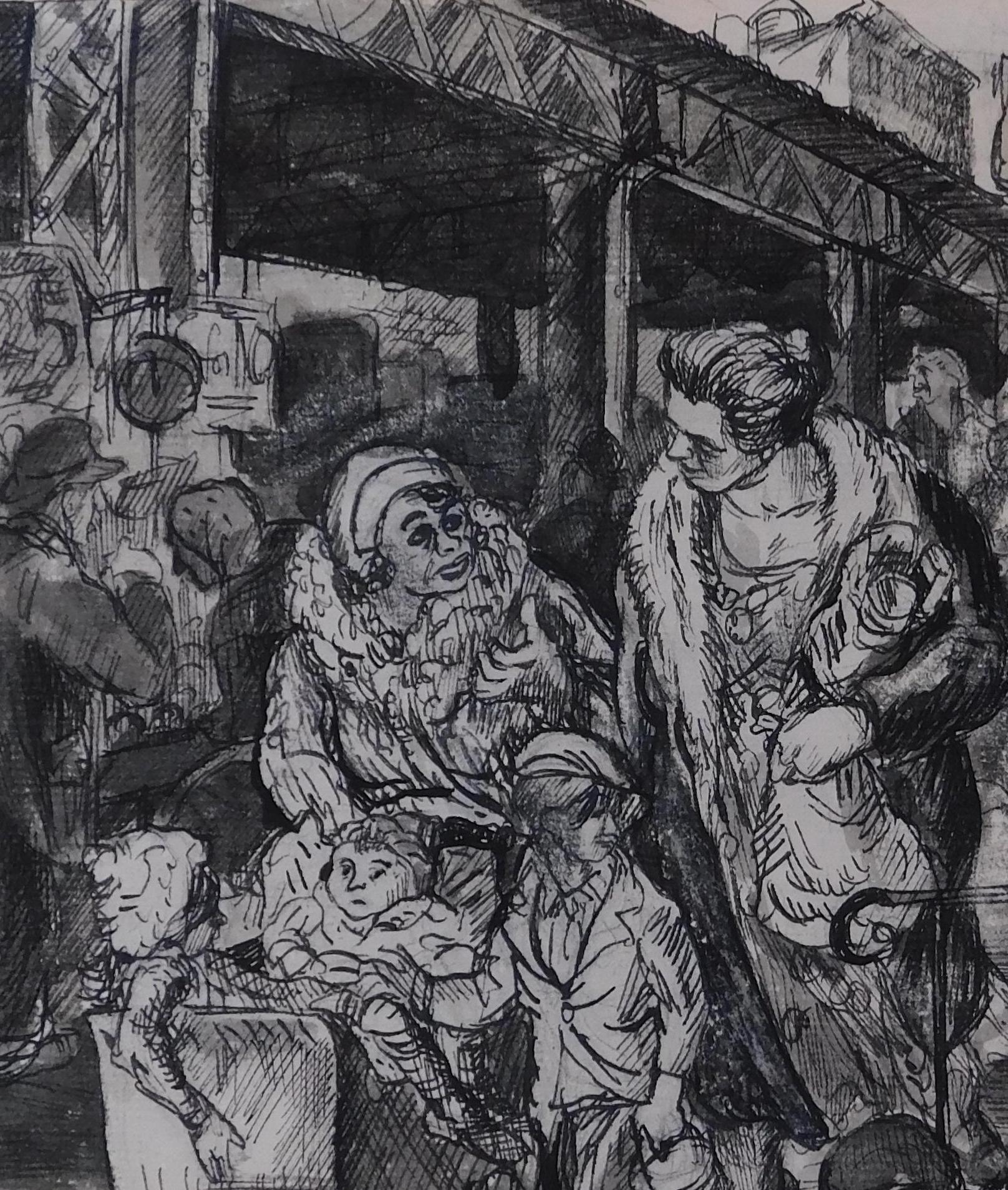 Cecil Crosley Bell Pen & Ink Drawing with Watercolor - New York Market For Sale 3