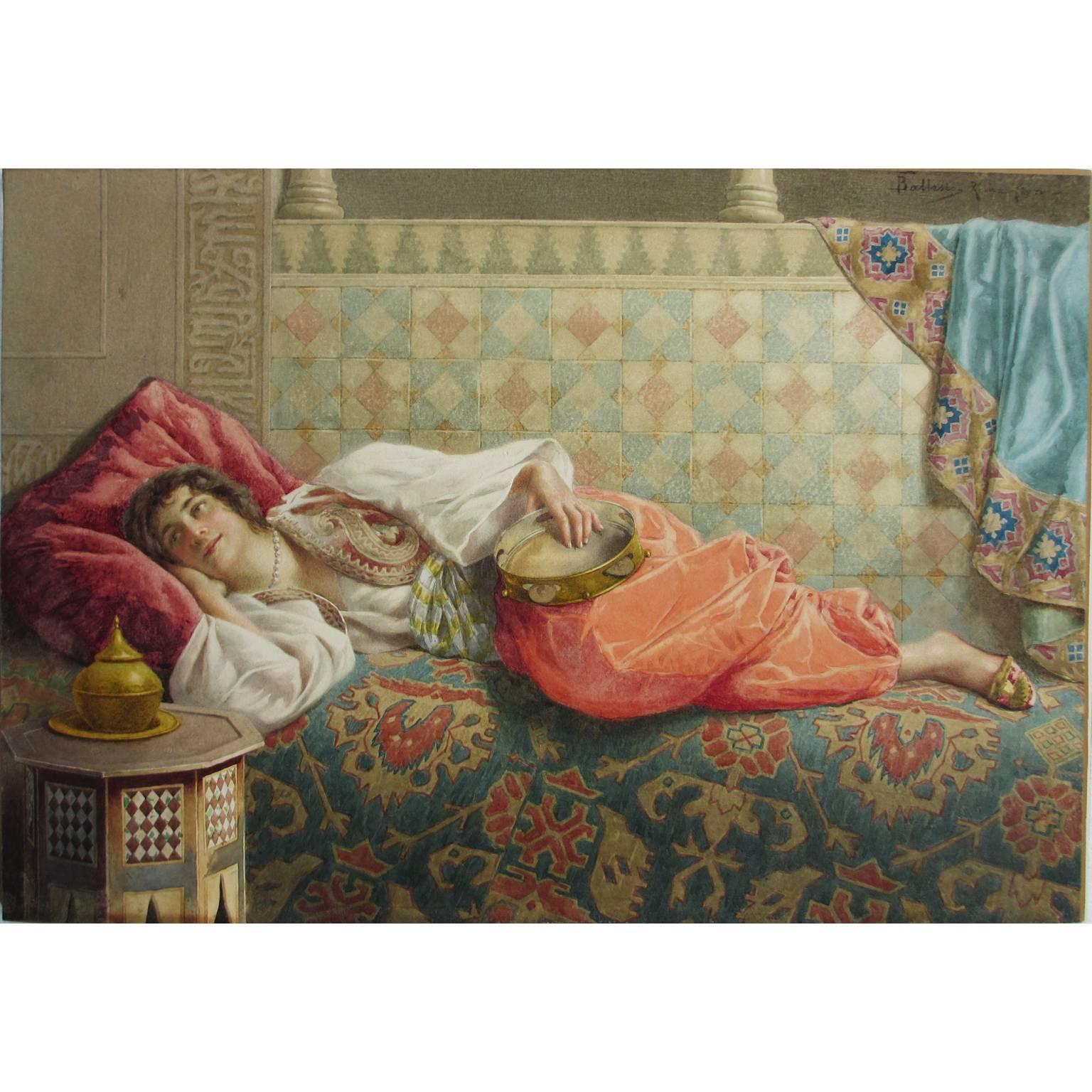 Feiner orientalistischer Bleistift und Aquarell, liegende, liegende Schönheit aus dem Nahen Osten (Akademisch), Art, von Francesco Ballesio