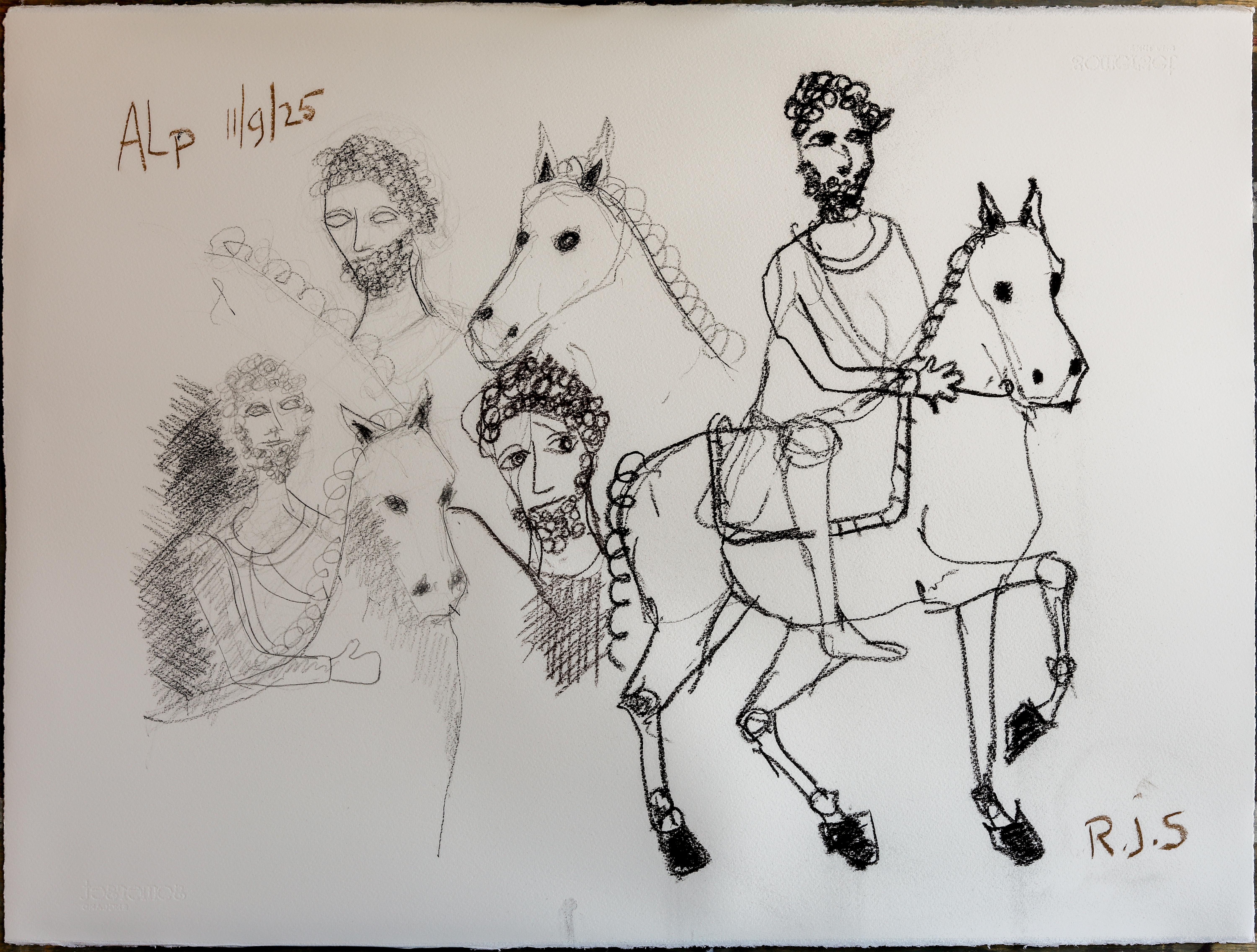 Rubins J. Spaans Figurative Art - Horses Charcoal Drawing on 100% Cotton Paper, 56 x 76 cm. Marcus Aurelius