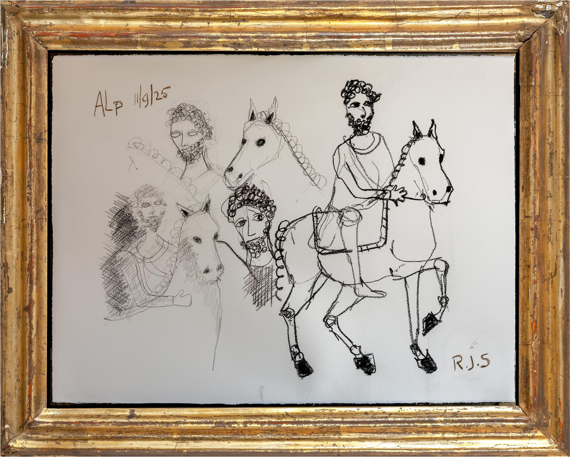 Horses Charcoal Drawing on 100% Cotton Paper, 56 x 76 cm. Marcus Aurelius - Gray Figurative Art by Rubins J. Spaans