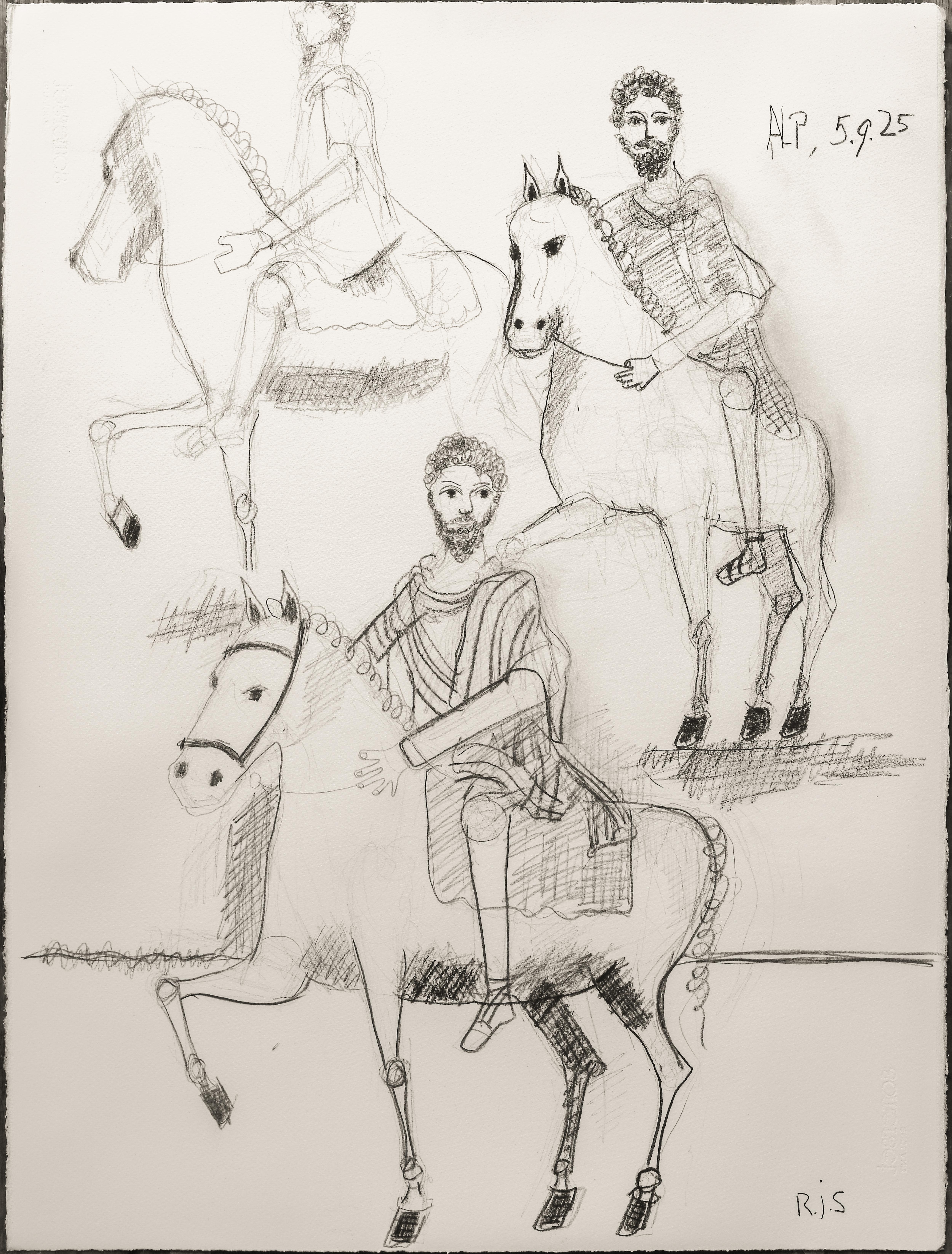 Rubins J. Spaans Figurative Art – Kohle-Pferdezeichnung auf 100% Baumwollpapier, 76 x 56 cm. Marcus Aurelius