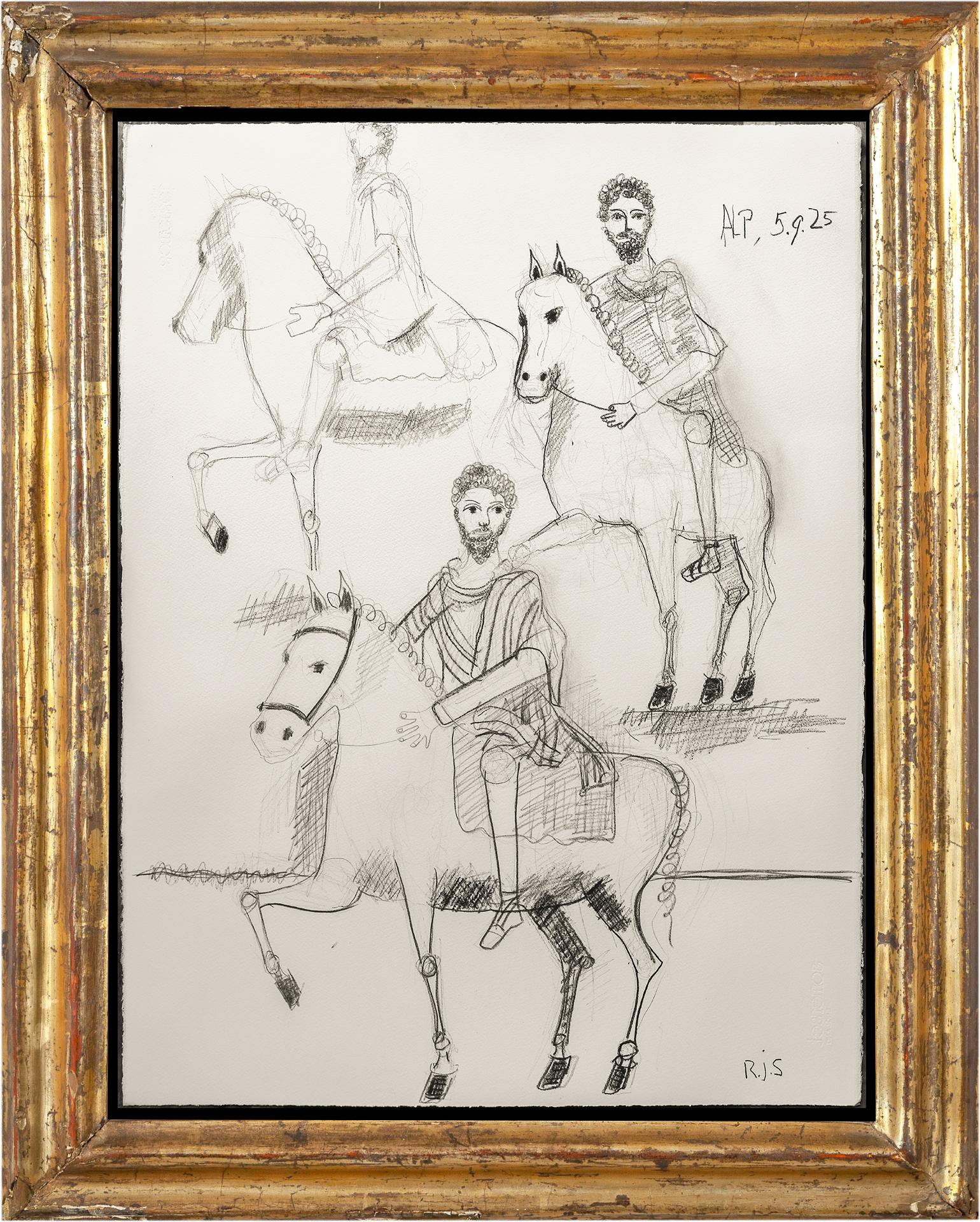 Kohle-Pferdezeichnung auf 100% Baumwollpapier, 76 x 56 cm. Marcus Aurelius (Beige), Figurative Art, von Rubins J. Spaans