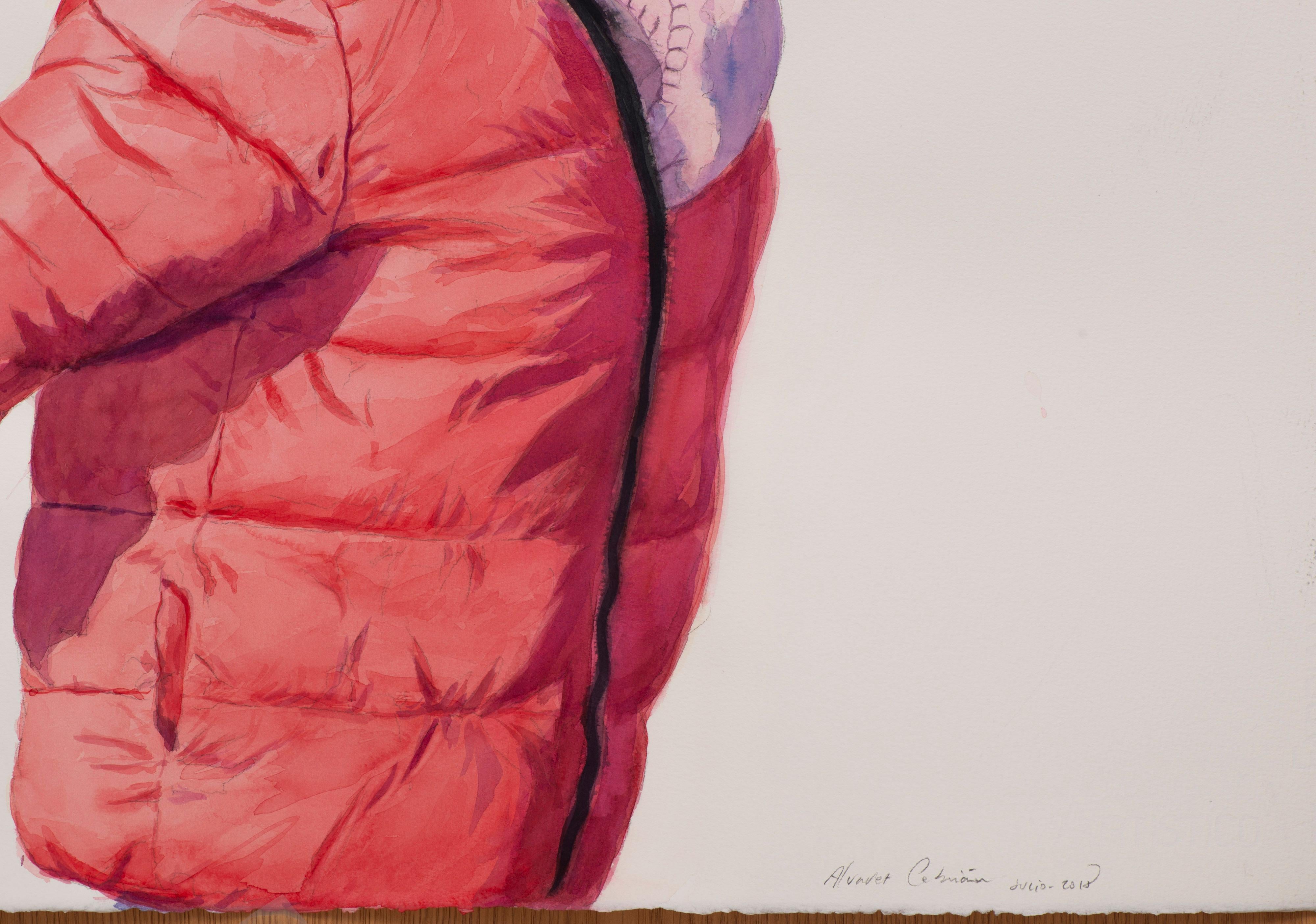 Ragazza con piuma rosa - Figurative Art Beige di Juan Álvarez Cebrián