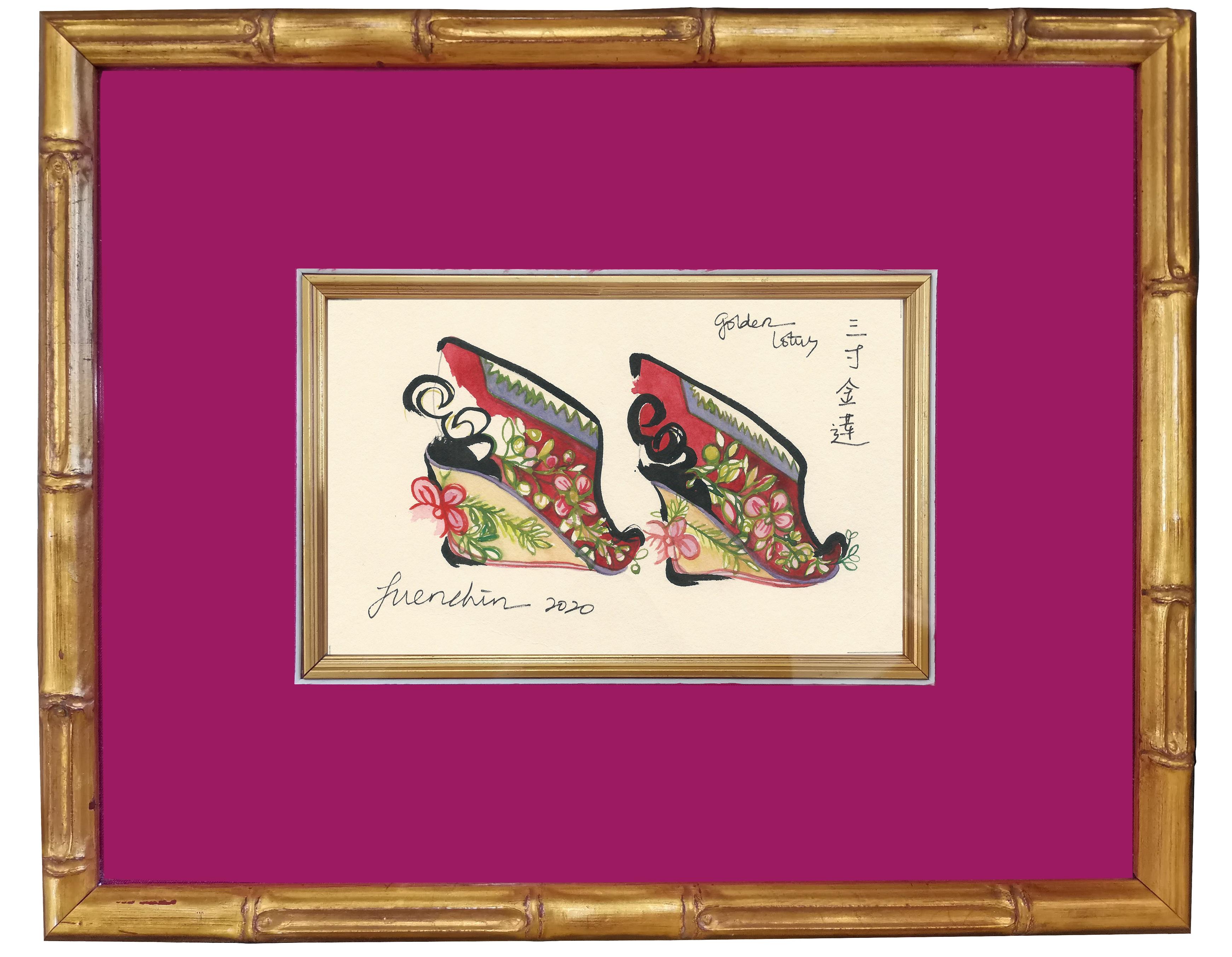 Women Art, Antique, Chinese Lotus Stilettoes Drawing, Asian Art, Gold Framed