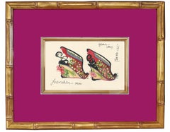 Women Art, Antique, Chinese Lotus Stilettoes Drawing, Asian Art, Gold Framed