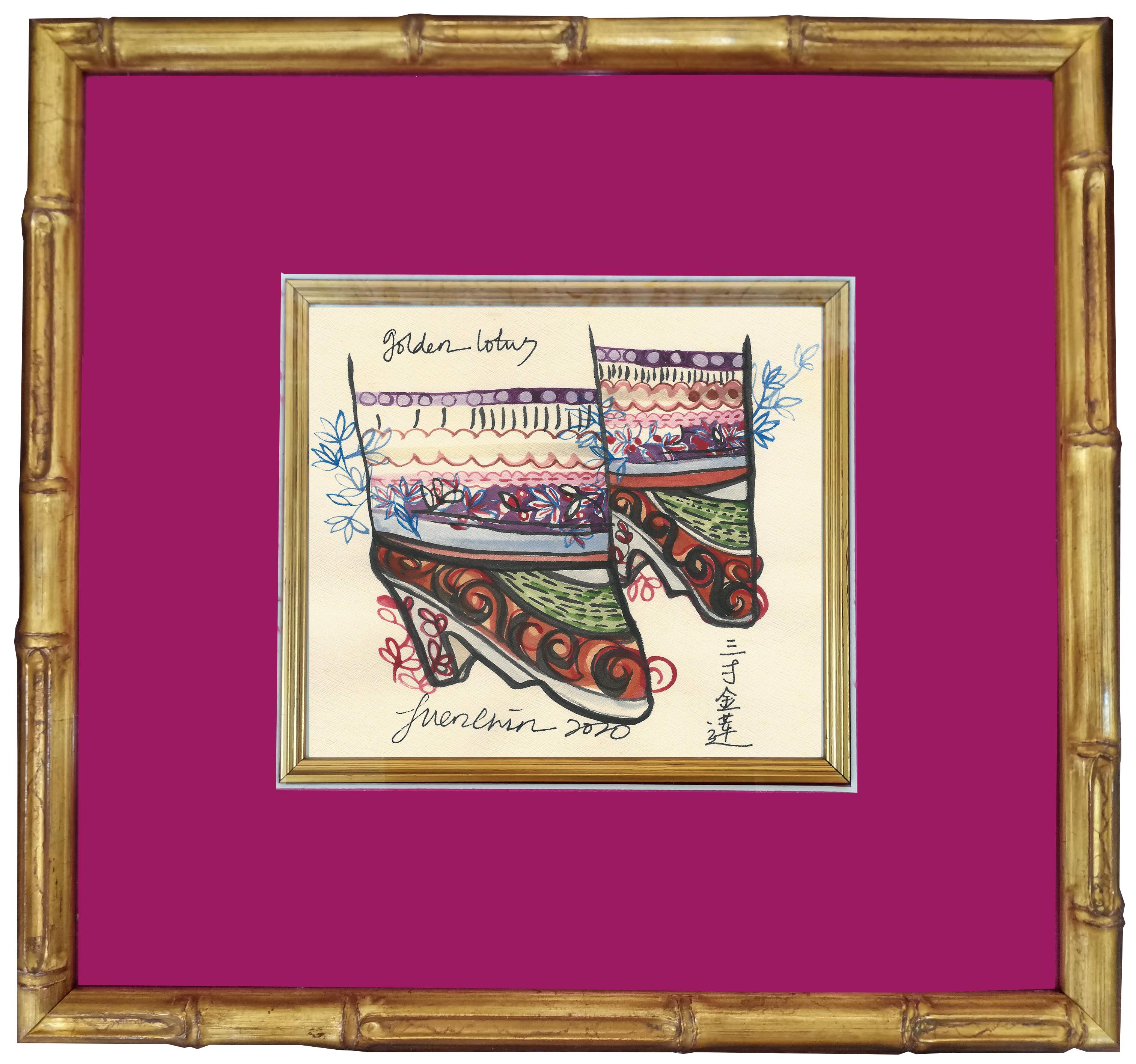 Women Art, Antique, Chinese Lotus Stilettoes Drawing, Asian Art, Gold Framed