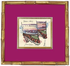 Women Art, Antique, Chinese Lotus Stilettoes Drawing, Asian Art, Gold Framed
