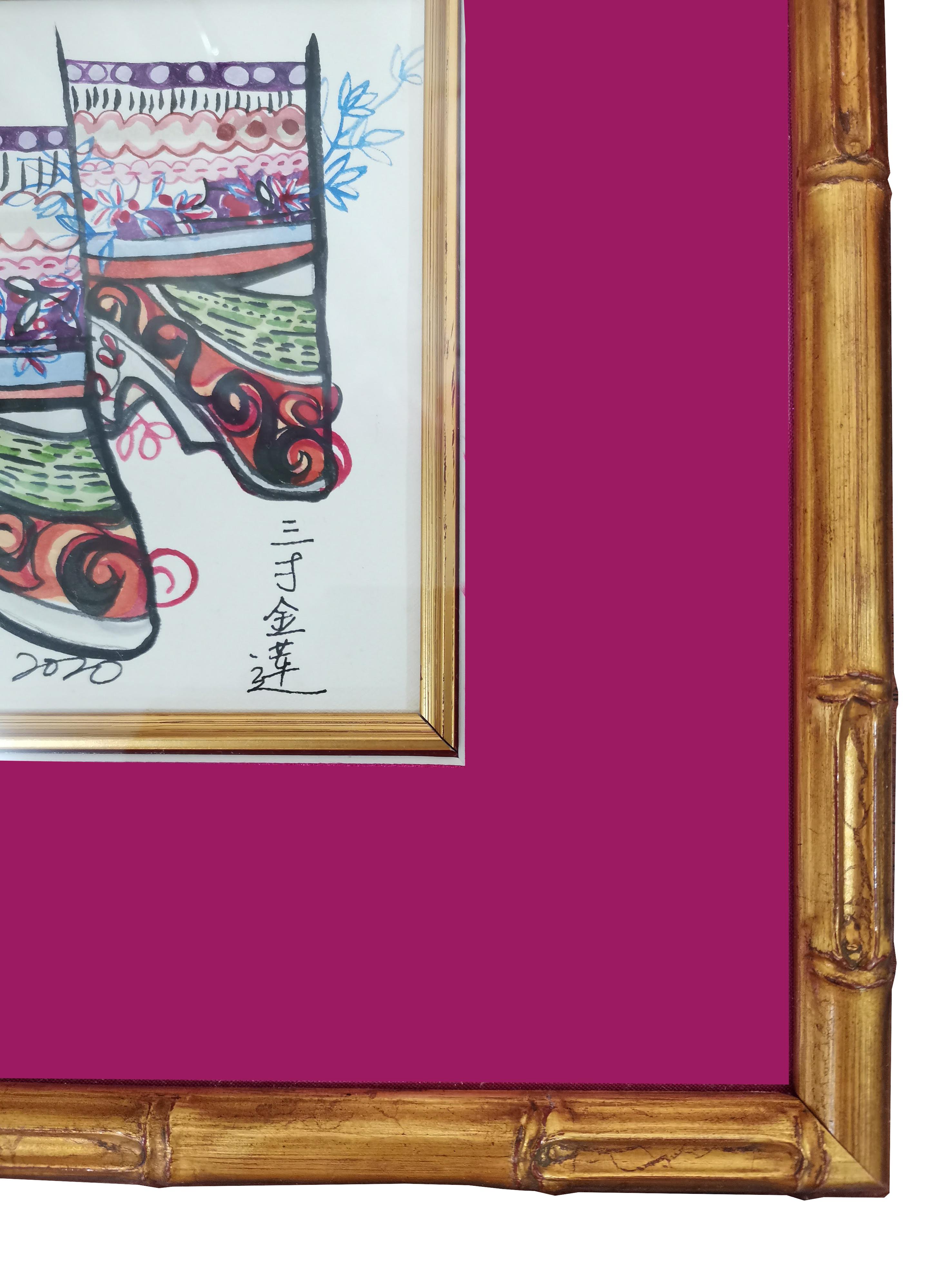 Arte femminile, Antico, Disegno cinese di stiletti di loto, Arte asiatica, Cornice d'oro in vendita 1