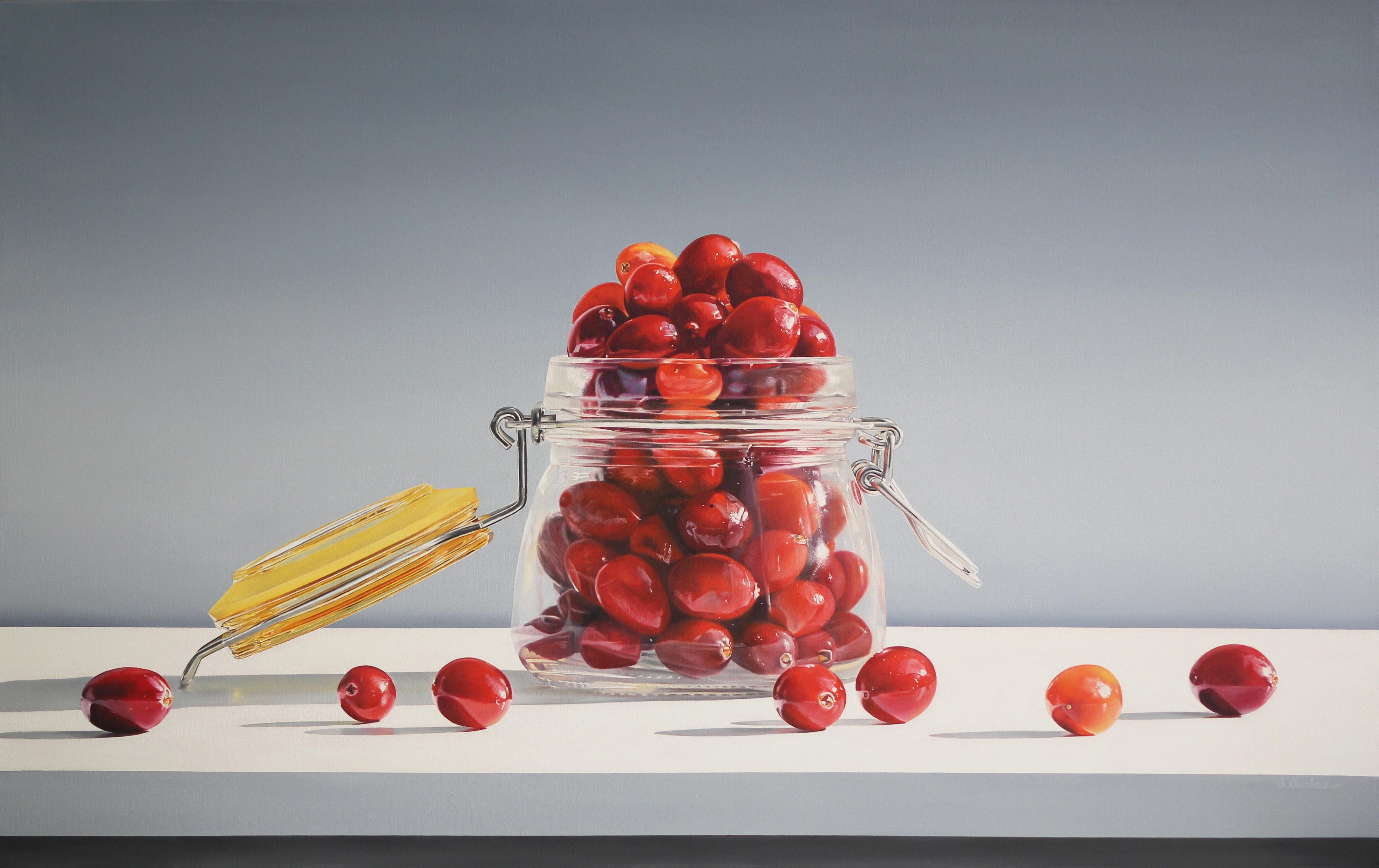 Alexandra Averbach Still-Life Painting - Cranberries, Contemporary Still Life, Oil Painting, Glass Jar, Fruit, Light