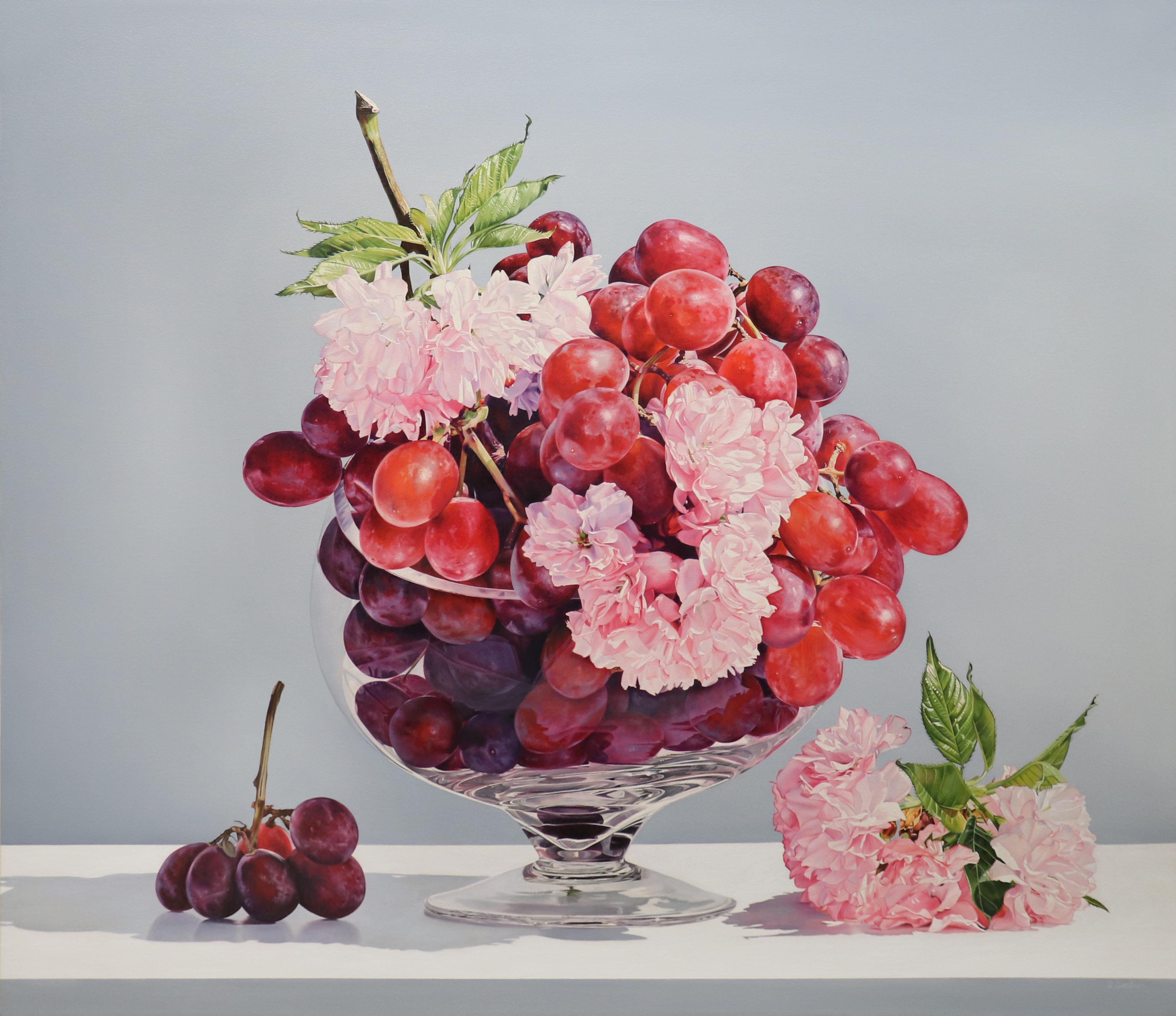 Alexandra Averbach Still-Life Painting - ALLURE, Red and Pink Flowers on Table, Hyper-Realist, Still-Life