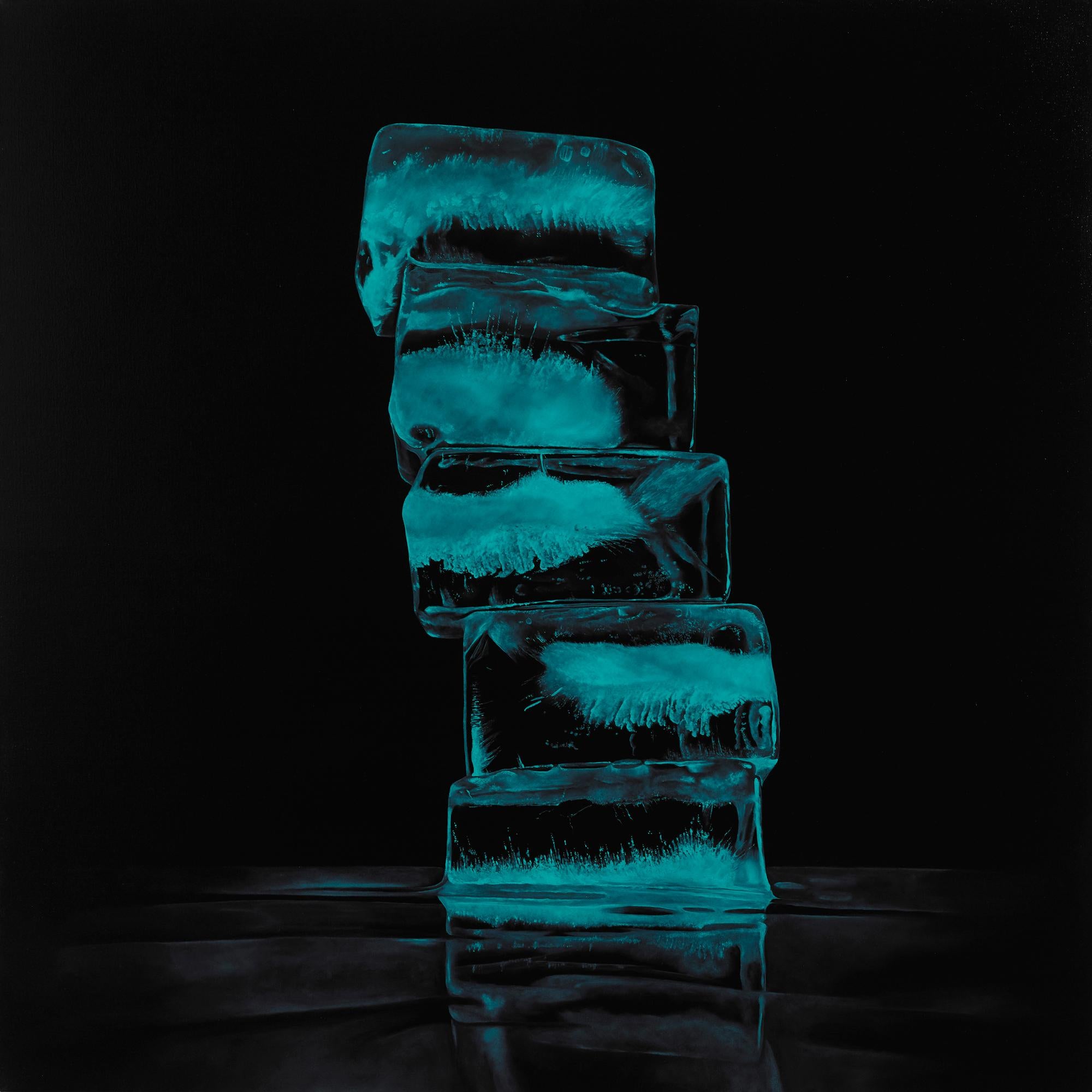Kevin Palme Still-Life Painting - HOW FRAGILE WE ARE, SOMEPLACE ELSE, ice cubes, illuminated, neon blue, realism