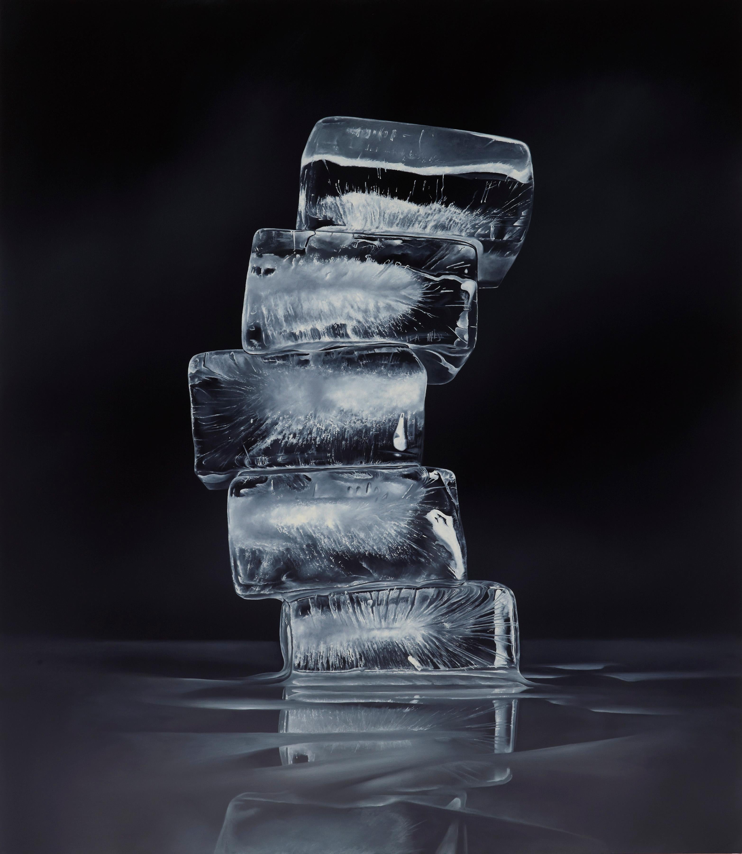 Kevin Palme Still-Life Painting - IMPERMANENCE #1, black and white, stack of ice cubes, photo-realism, still life 