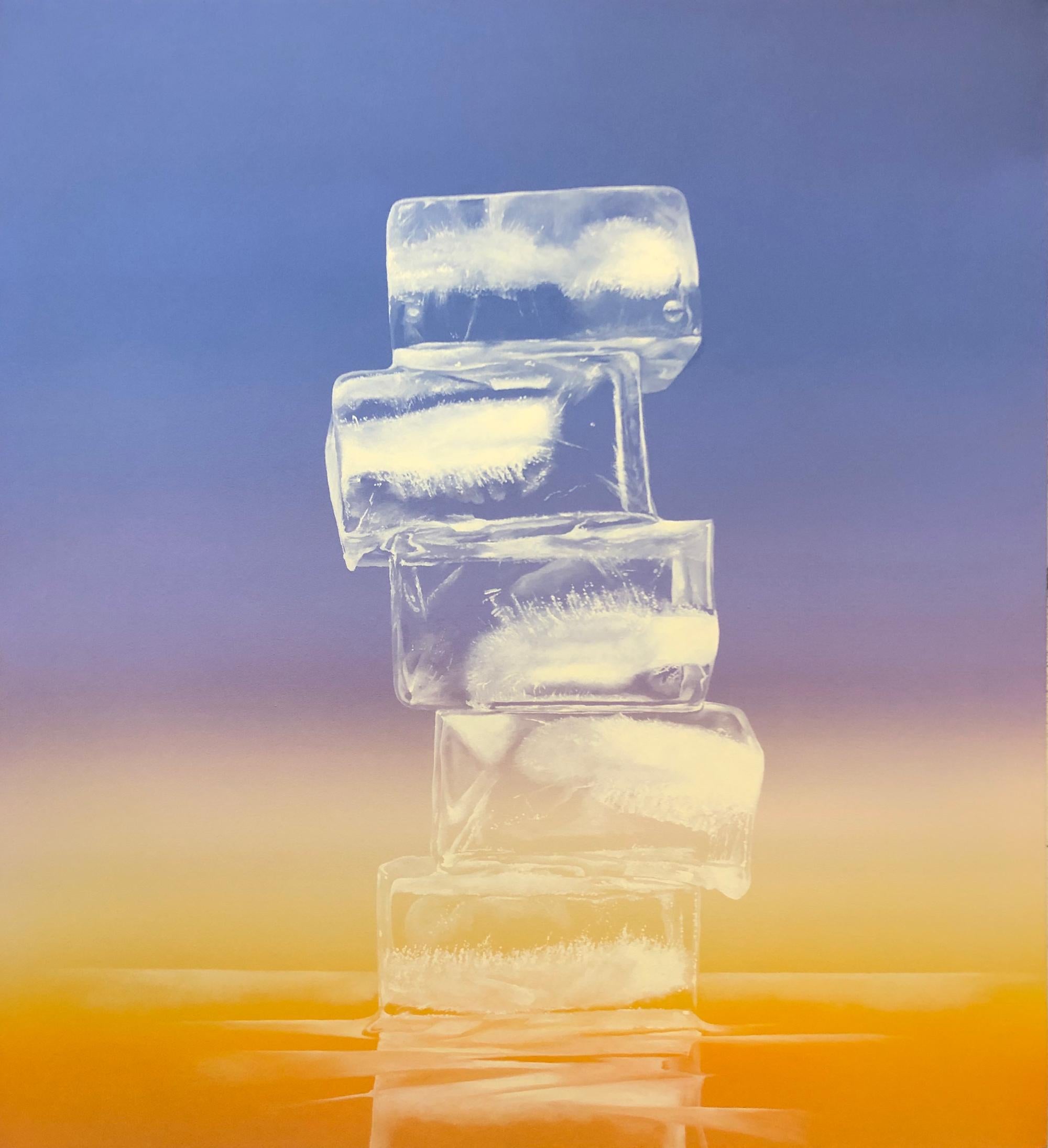 Kevin Palme Still-Life Painting - OBELISK, SUNRISE, stack of ice cubes, photo-realism, still-life, horizon, orange
