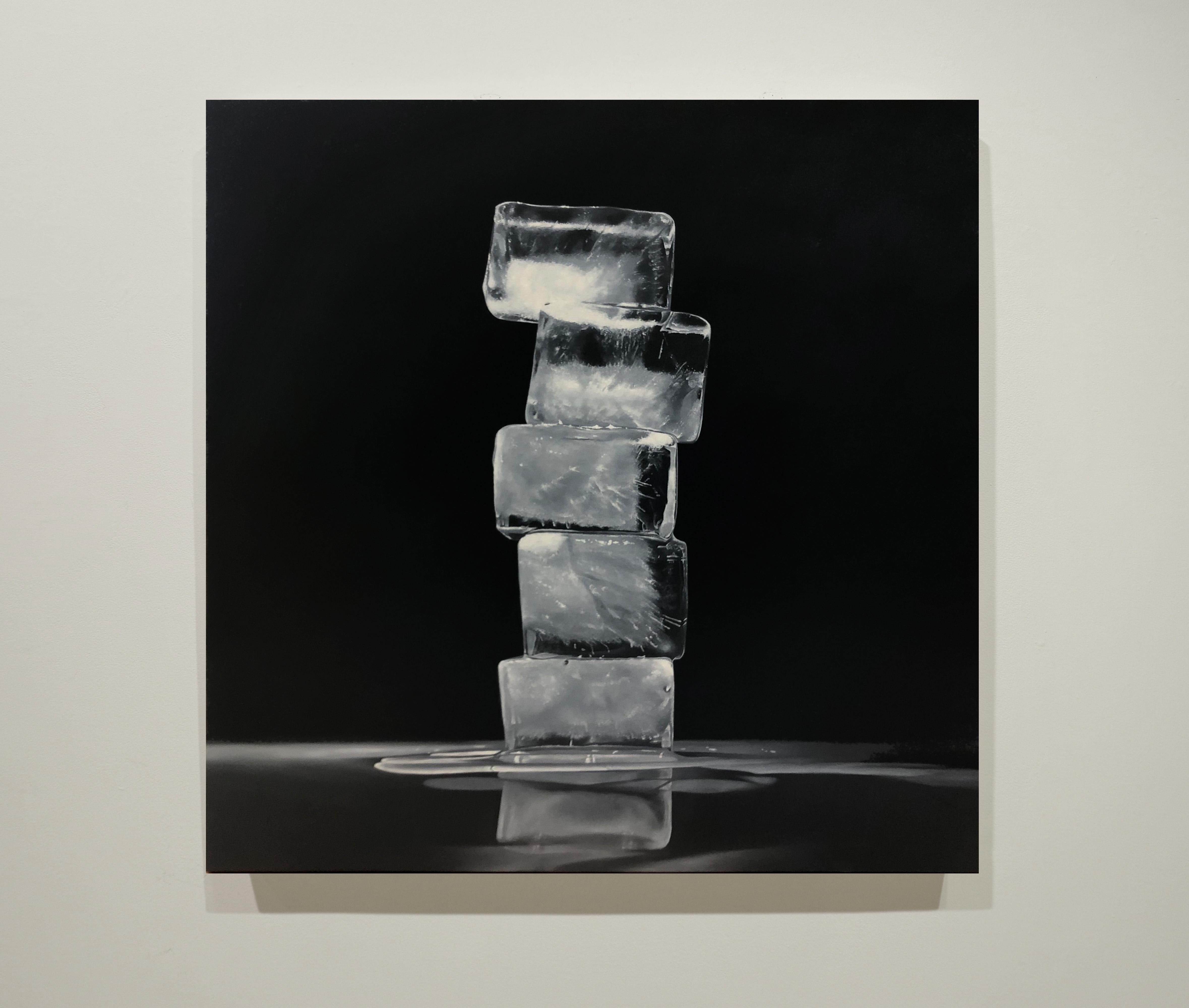 RISE AND FALL, OBELISK 2, photo-realism, black and white, monochrome, ice cubes - Painting by Kevin Palme