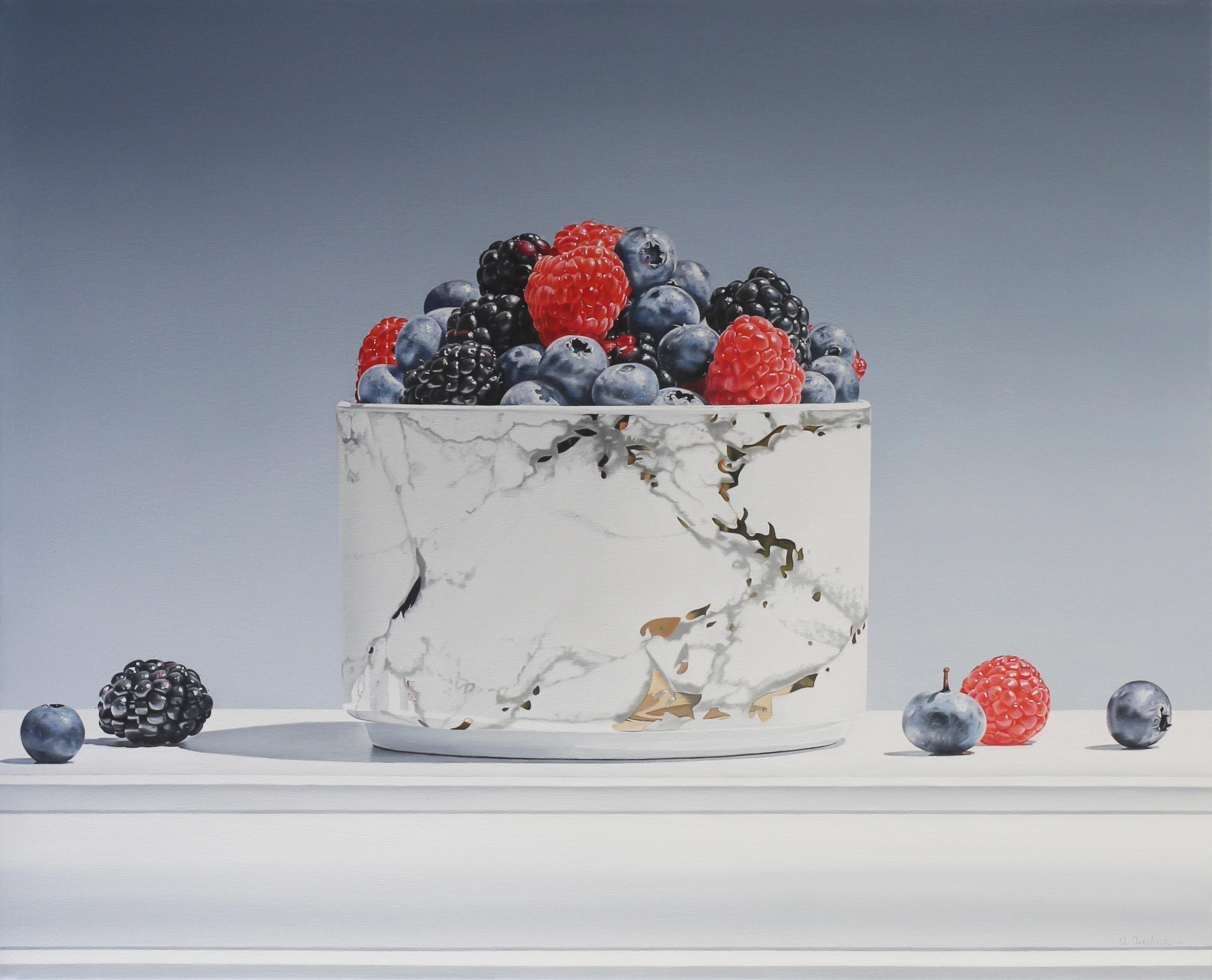 Alexandra Averbach Still-Life Painting - MOSAIC, photo-realism, still-life, marble, fruit in bowl, red, blue, white