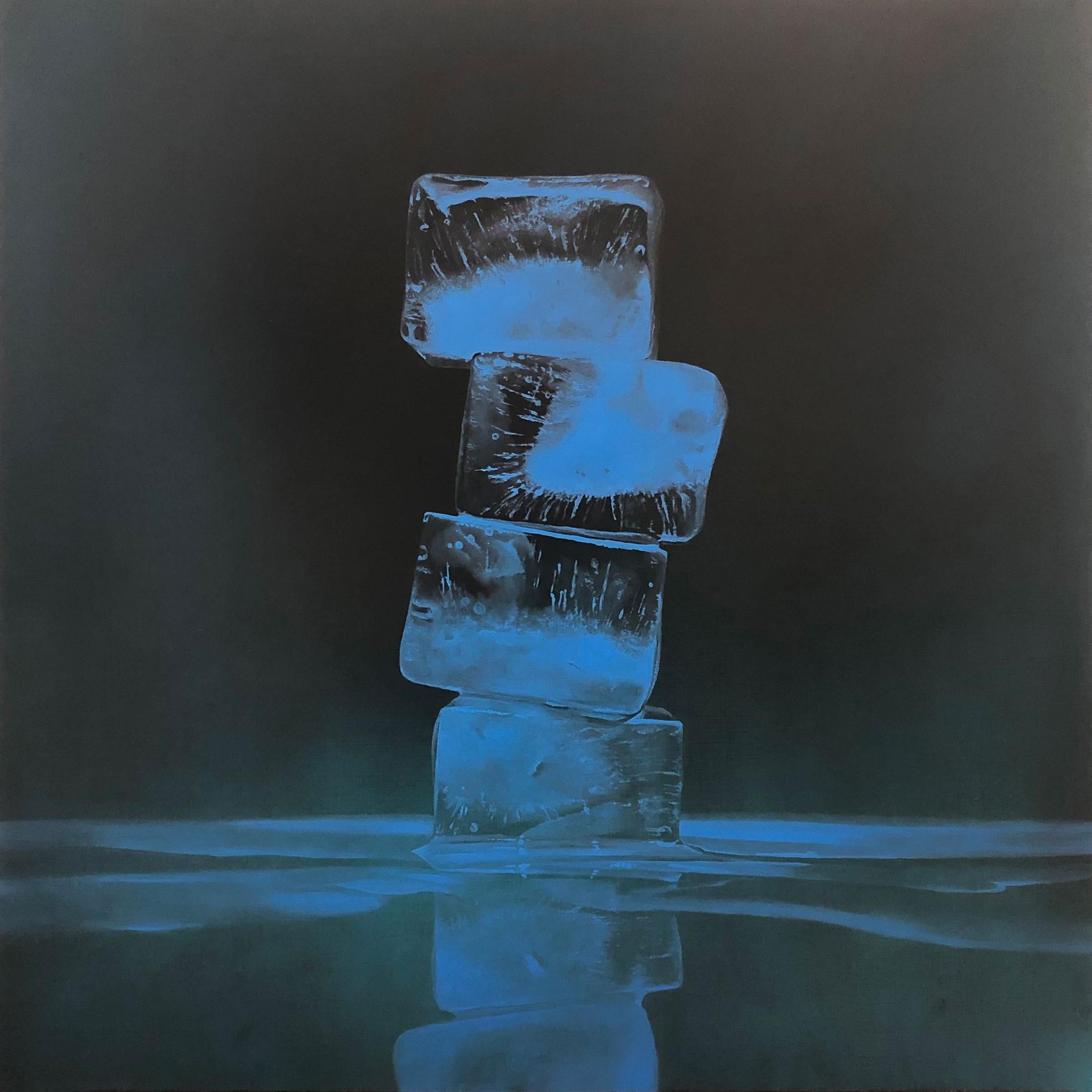 Kevin Palme Still-Life Painting - RISE AND FALL #5, light blue backdrop, hyper-realism, reflection, stack of ice