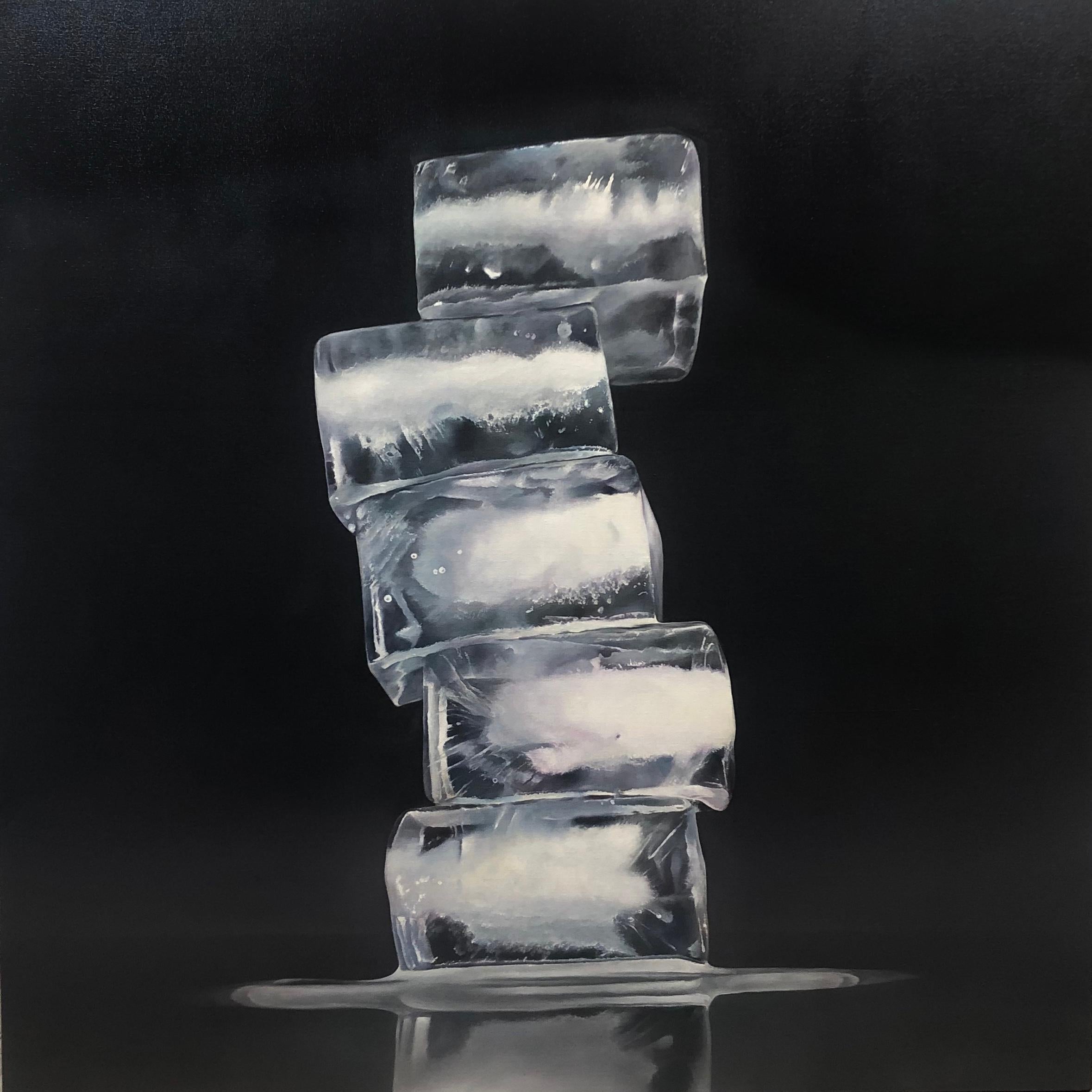 Kevin Palme Still-Life Painting - RISE AND FALL, OBELISK 1, photo-realism, stack of ice, black backdrop, vivid