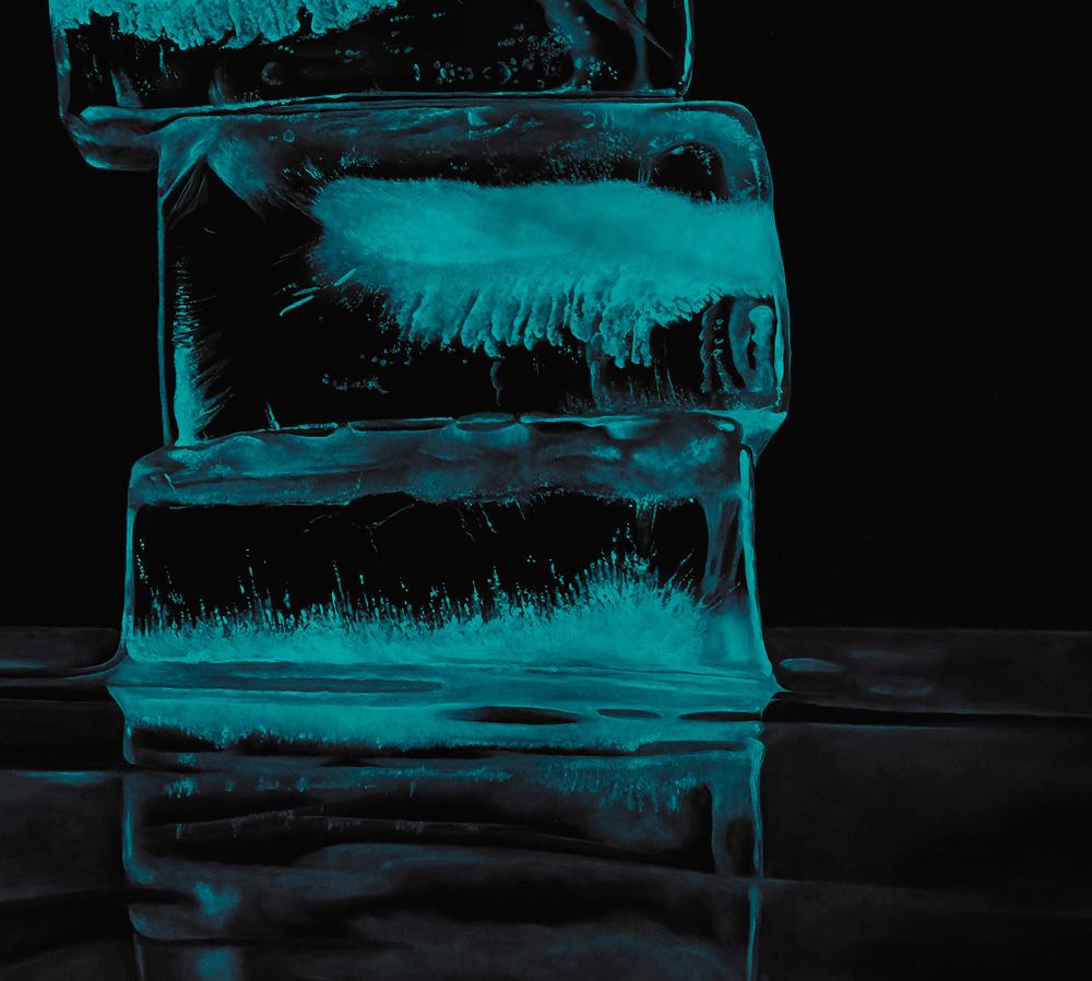 HOW FRAGILE WE ARE, SOMEPLACE ELSE, ice cubes, illuminated, neon blue, realism - Painting by Kevin Palme