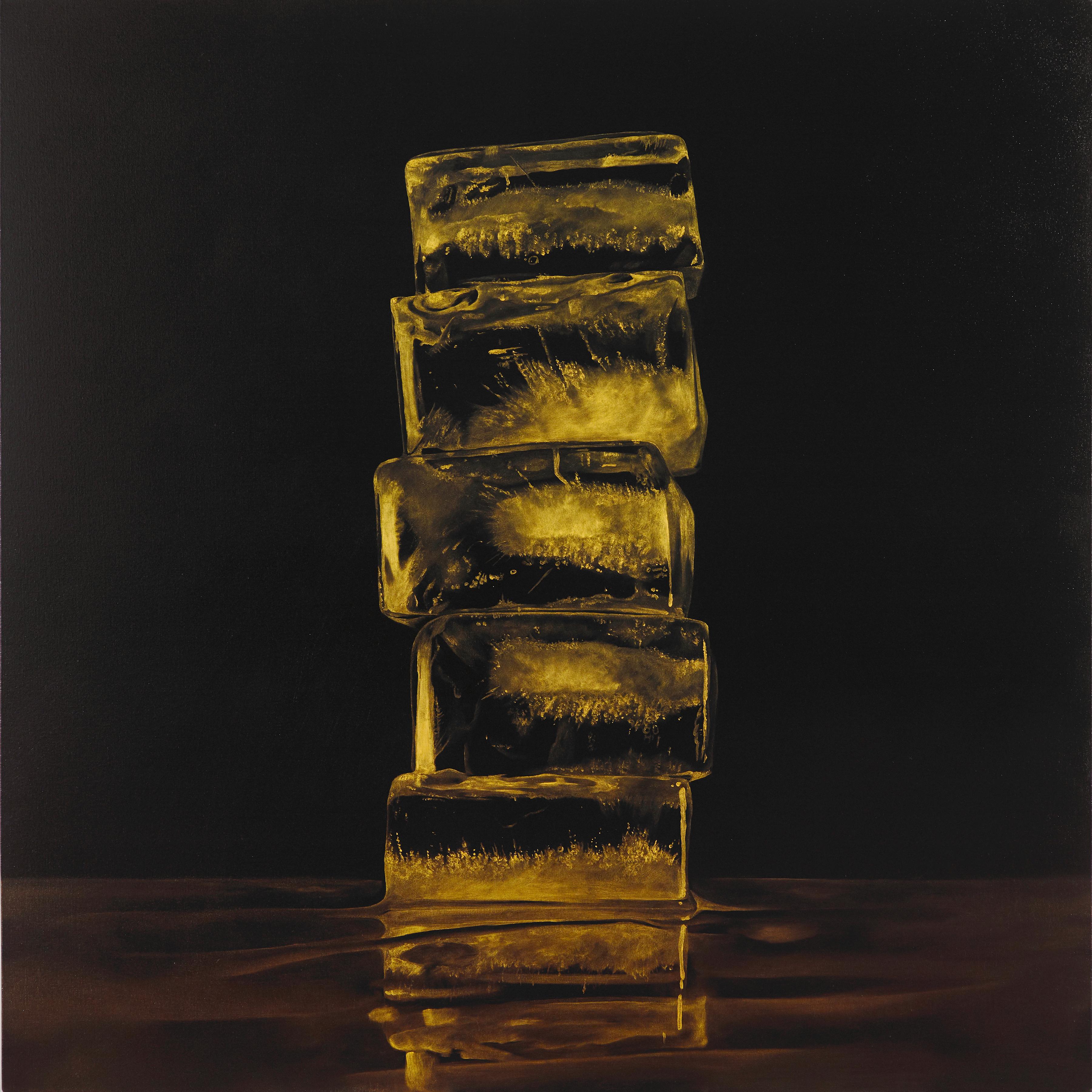 Kevin Palme Still-Life Painting - HOW FRAGILE WE ARE GOLD, ice cubes, photo-realism, dark, gold, black, still life