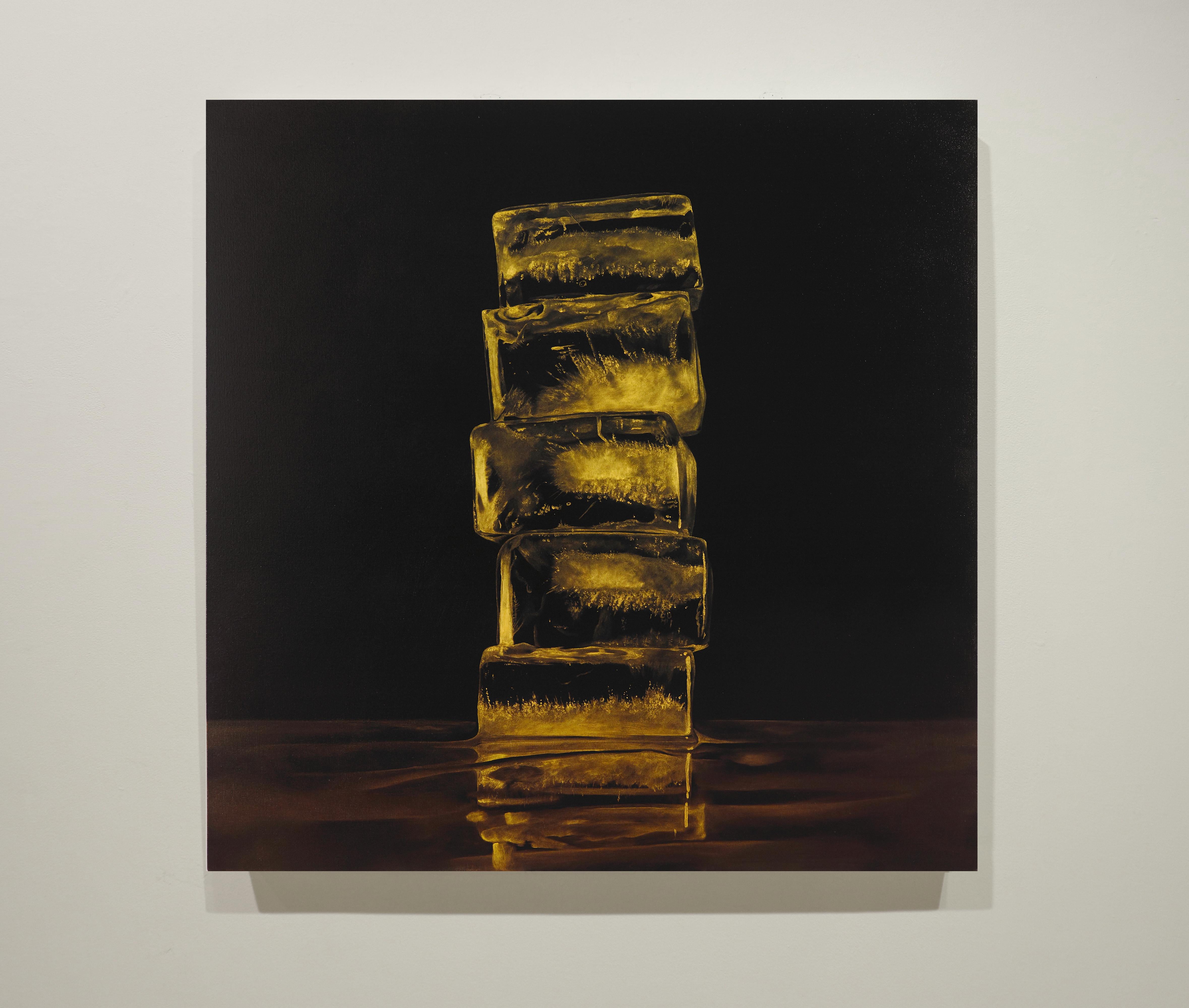 HOW FRAGILE WE ARE GOLD, ice cubes, photo-realism, dark, gold, black, still life - Painting by Kevin Palme