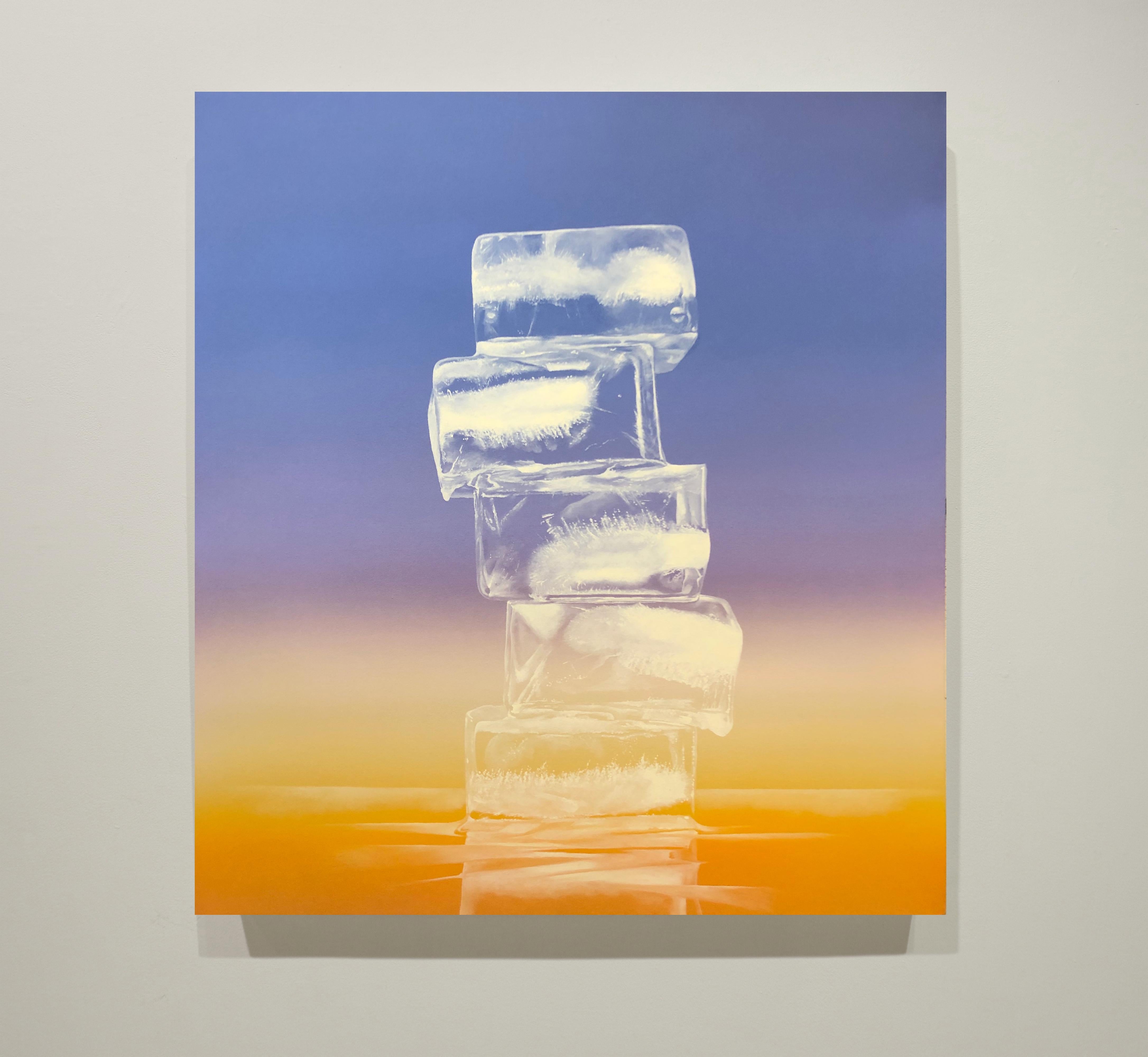 OBELISK, SUNRISE, stack of ice cubes, photo-realism, still-life, horizon, orange - Painting by Kevin Palme