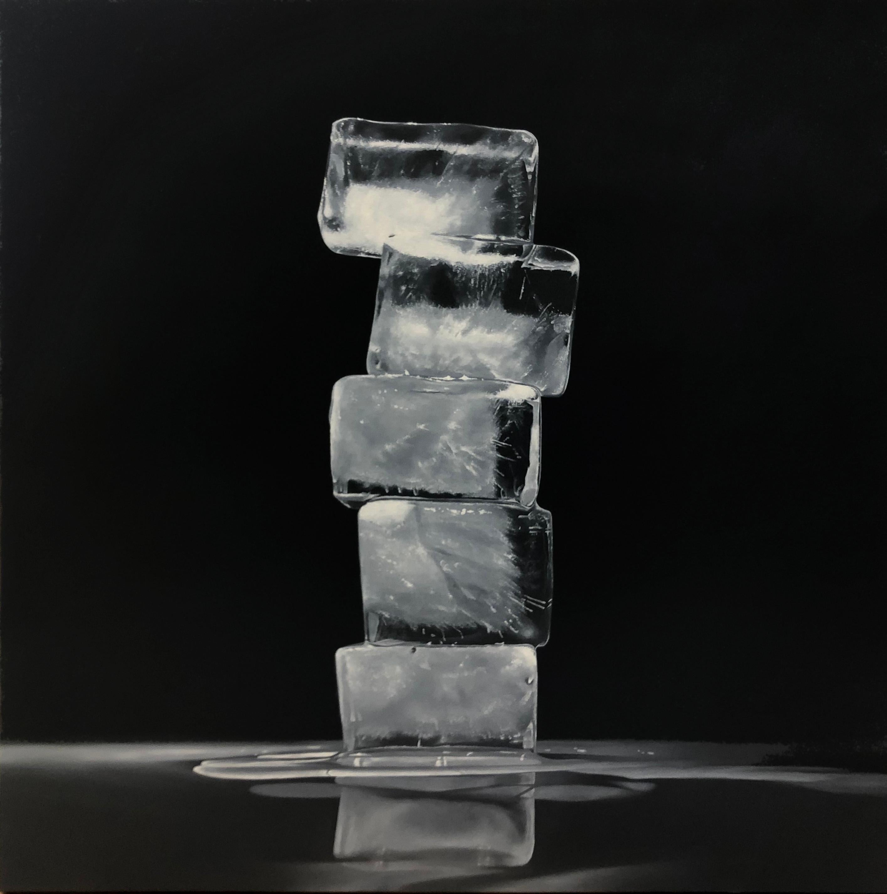 Kevin Palme Still-Life Painting - RISE AND FALL, OBELISK 2, photo-realism, black and white, monochrome, ice cubes
