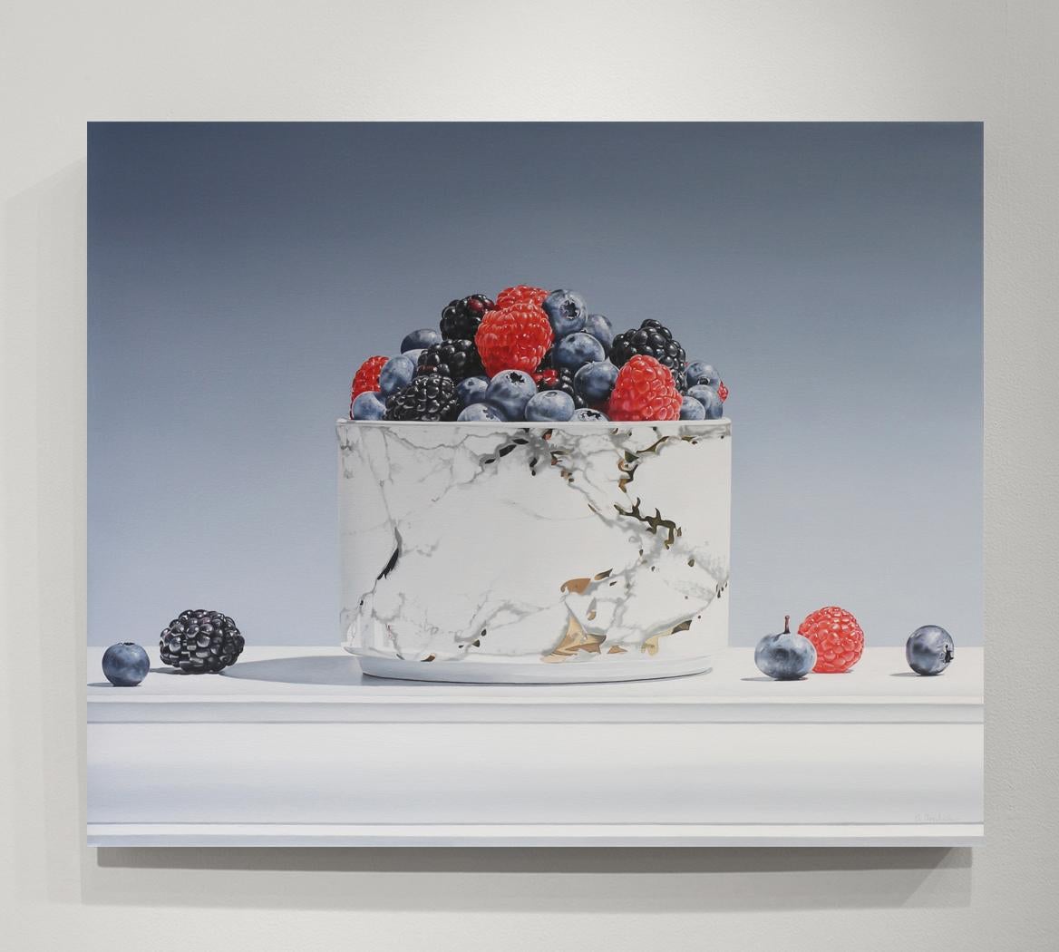 MOSAIC, photo-realism, still-life, marble, fruit in bowl, red, blue, white - Painting by Alexandra Averbach