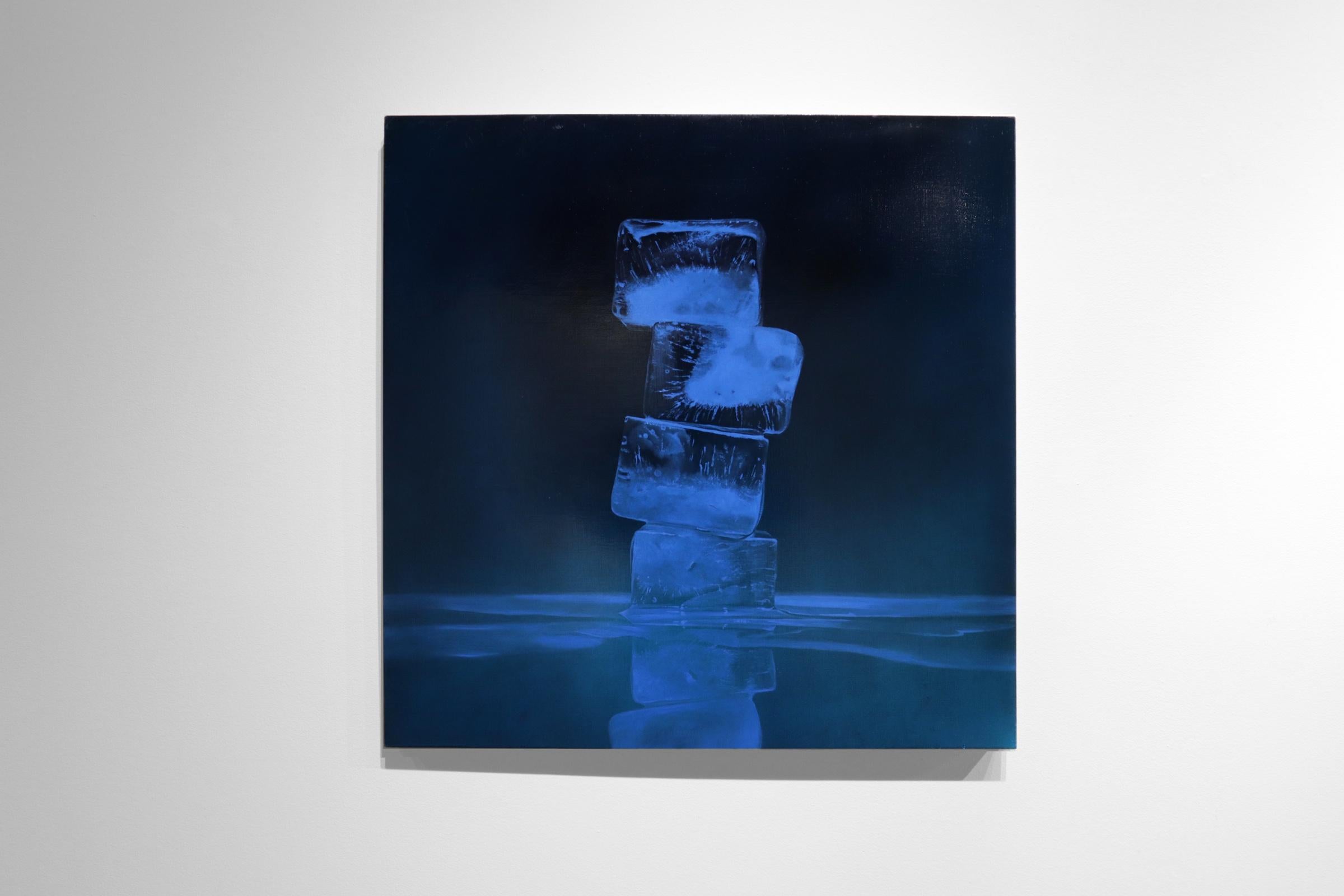 RISE AND FALL #5, light blue backdrop, hyper-realism, reflection, stack of ice - Painting by Kevin Palme