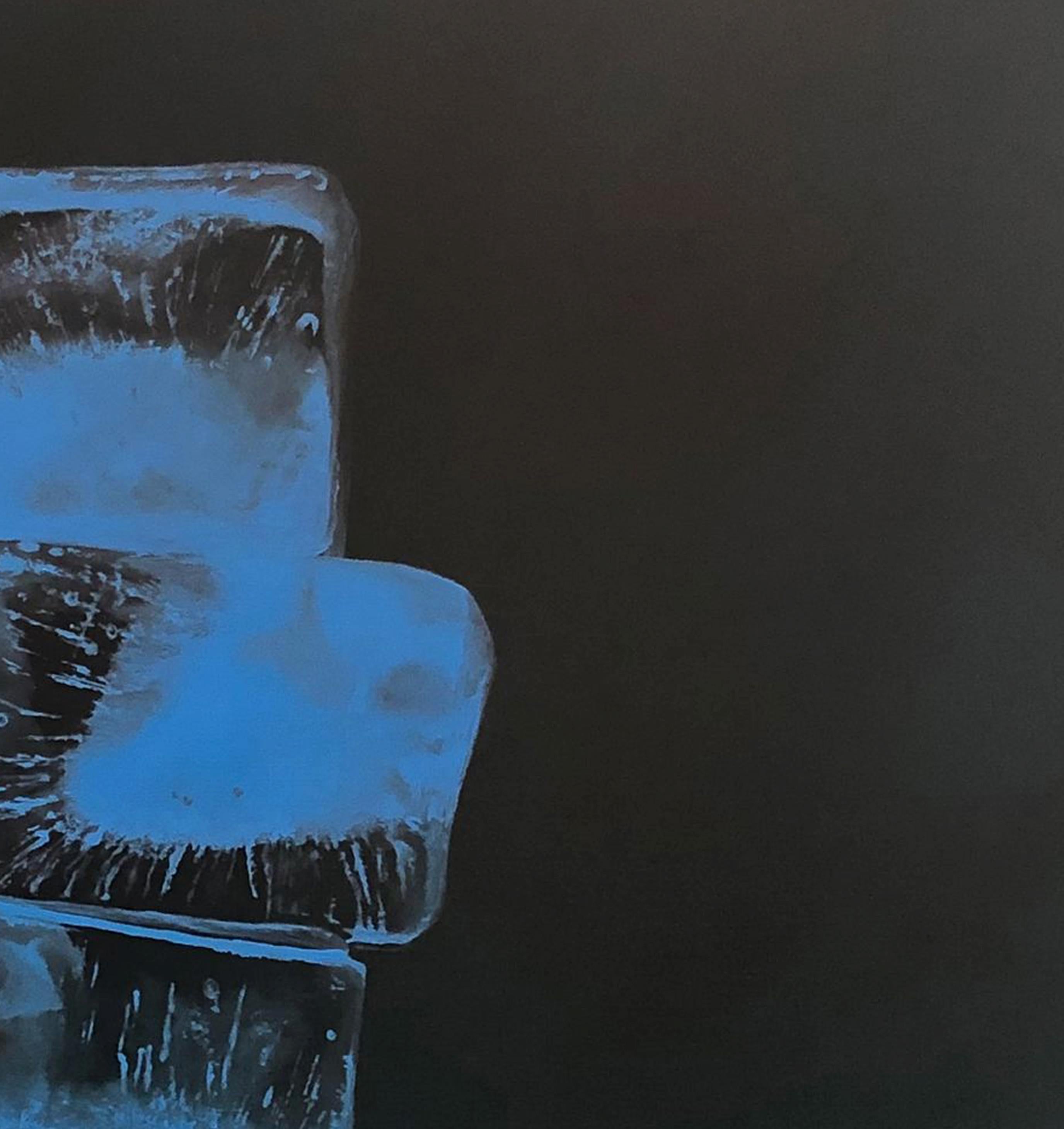 RISE AND FALL #5, light blue backdrop, hyper-realism, reflection, stack of ice - Contemporary Painting by Kevin Palme