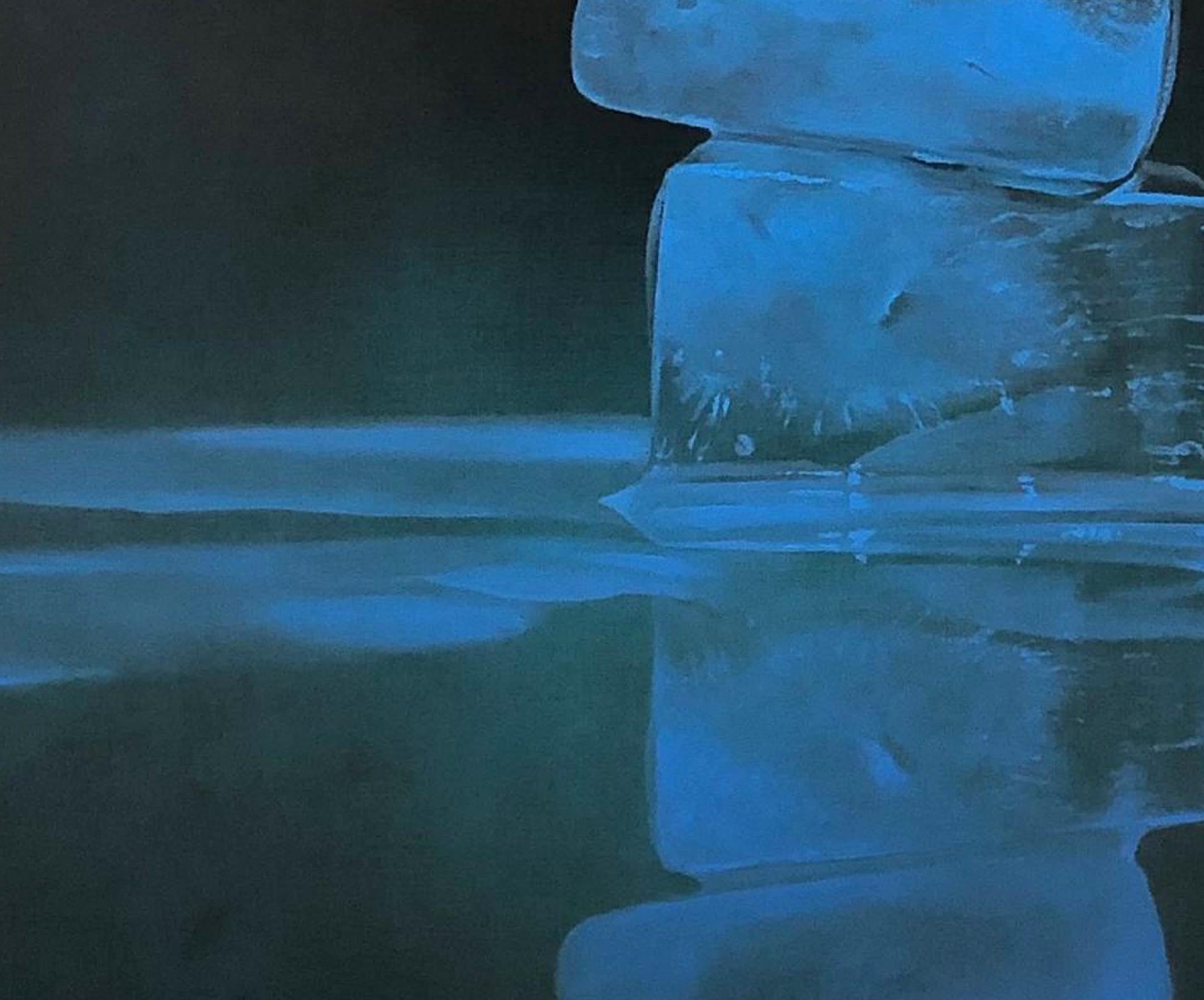 RISE AND FALL #5, light blue backdrop, hyper-realism, reflection, stack of ice - Black Still-Life Painting by Kevin Palme