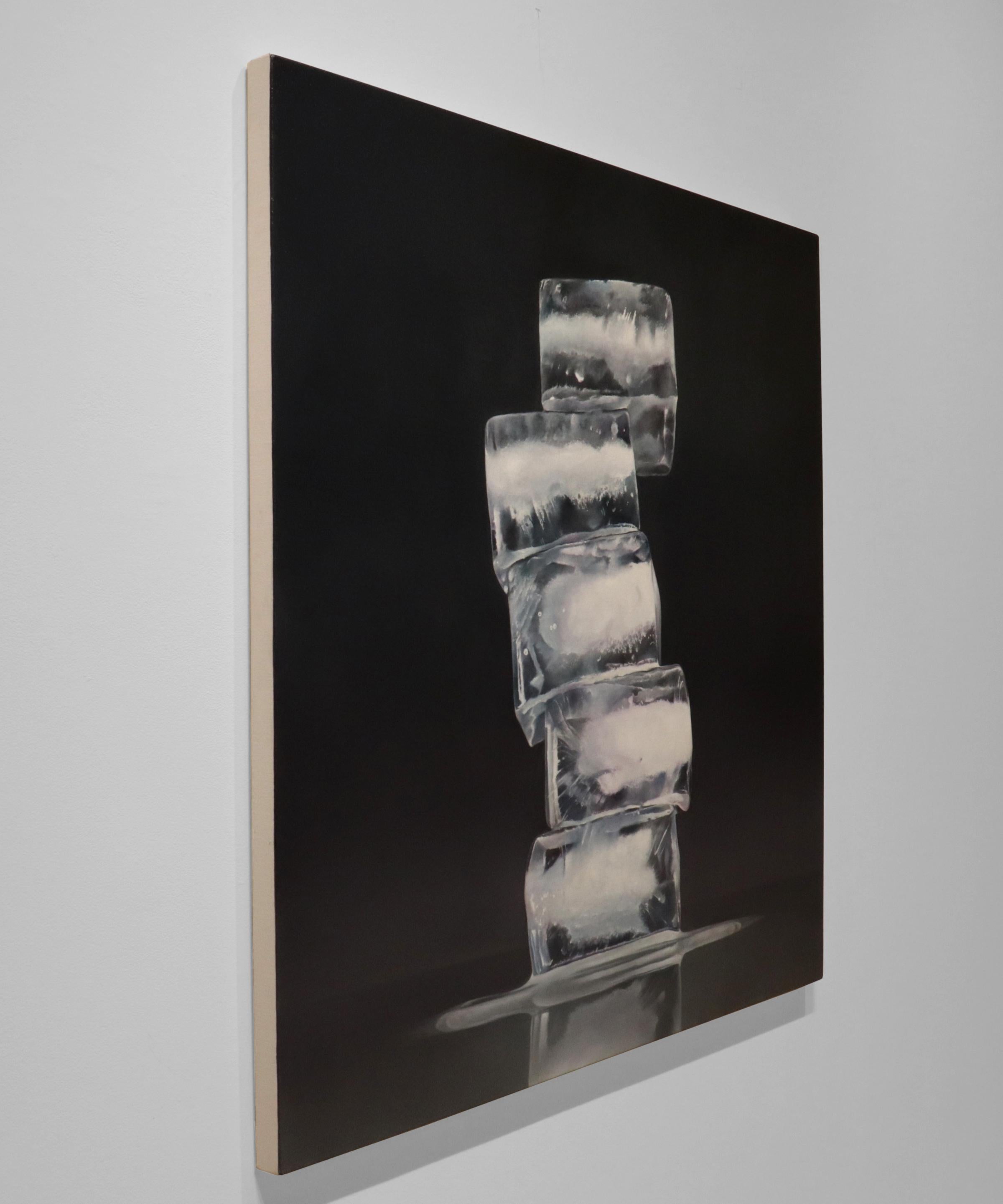 RISE AND FALL, OBELISK 1, photo-realism, stack of ice, black backdrop, vivid - Contemporary Painting by Kevin Palme
