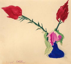 Deux fleurs rouges et une lavande dans un vase, aquarelle et crayon sur papier