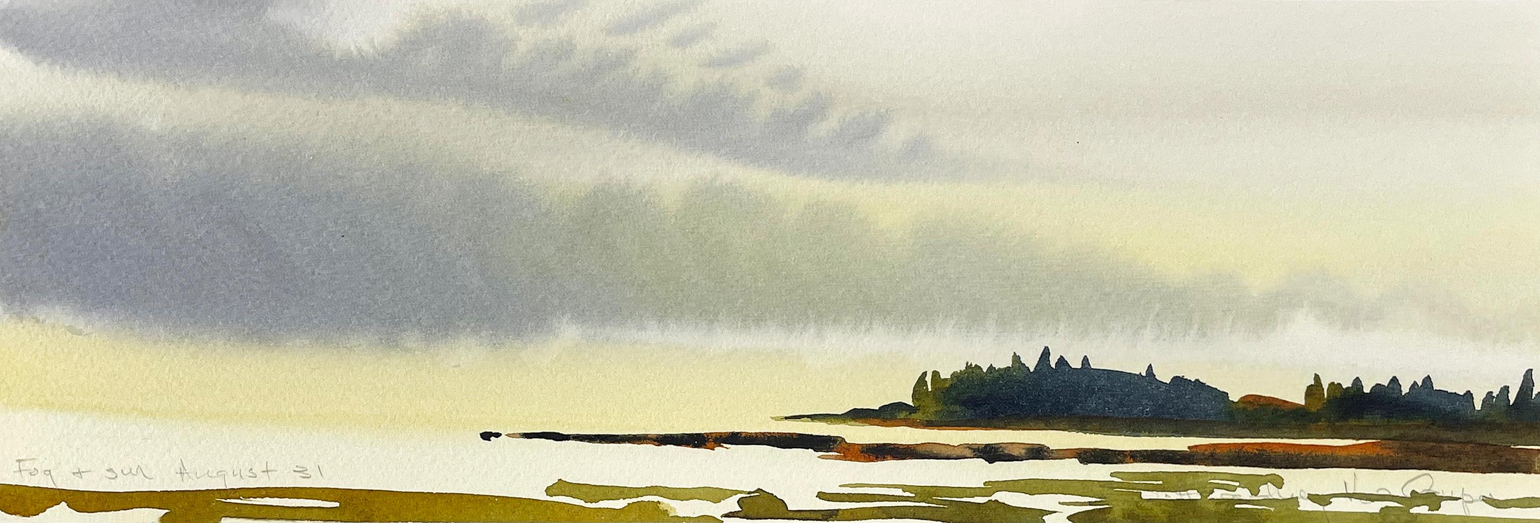 Susan Headley van Campen Landscape Art - Fog and Sun, August 31st Watercolor on Paper, Landscape, 4 x 12 Inches