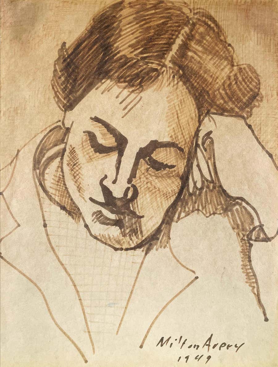Reverie Ink Drawing on Paper, Signed 1949, 11 x 8.5 Inches