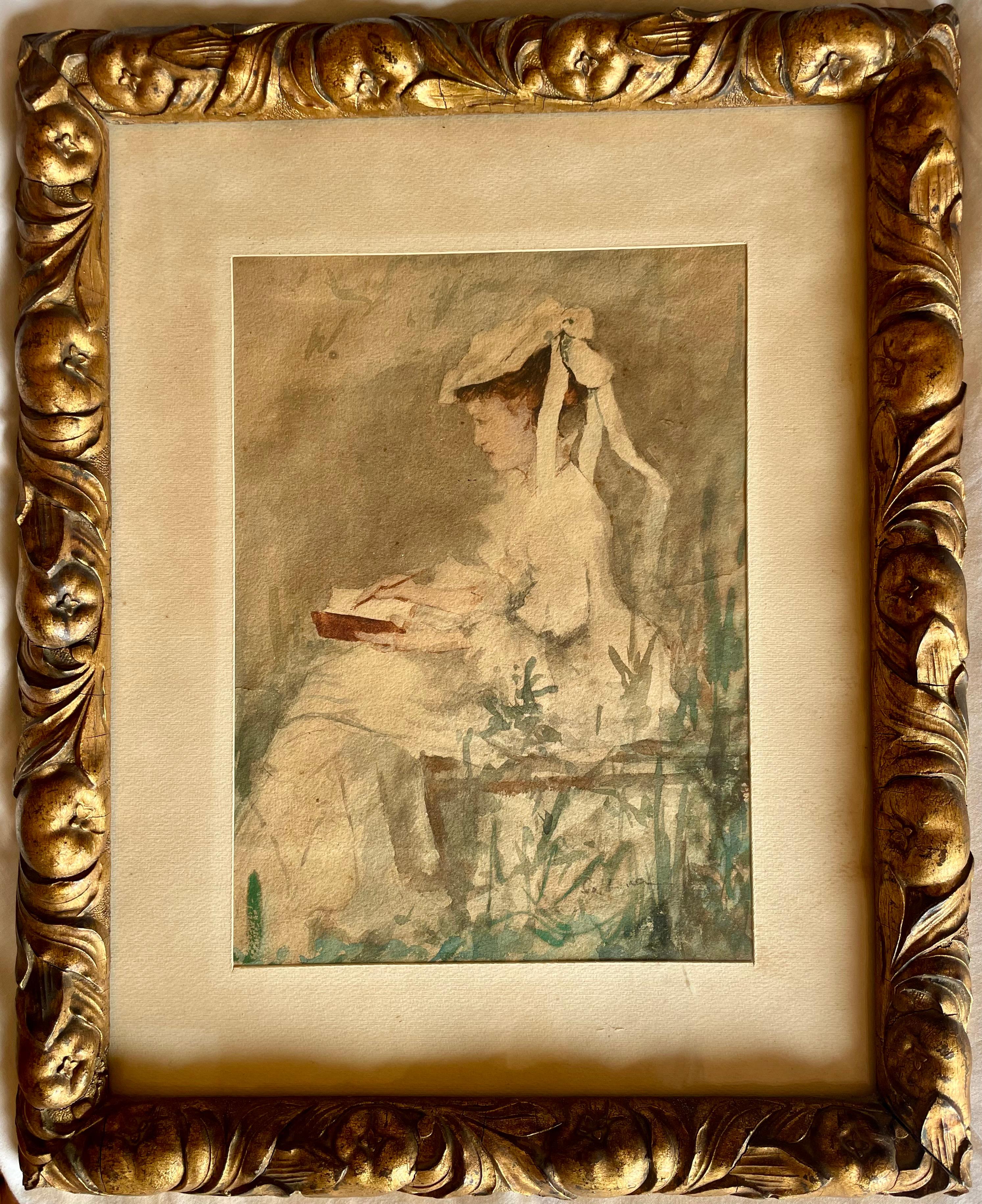 Eduardo Dalbono Figurative Art – Lady Painting En Plein Aire, Gemälde, 1880er-Jahre