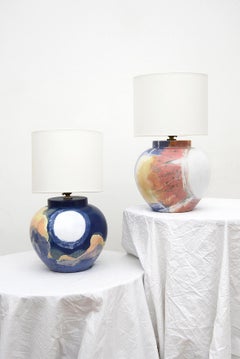 Pair of Yin and Yang Lamps - Contemporary, Hand Painted with Sky Scape, In Stock