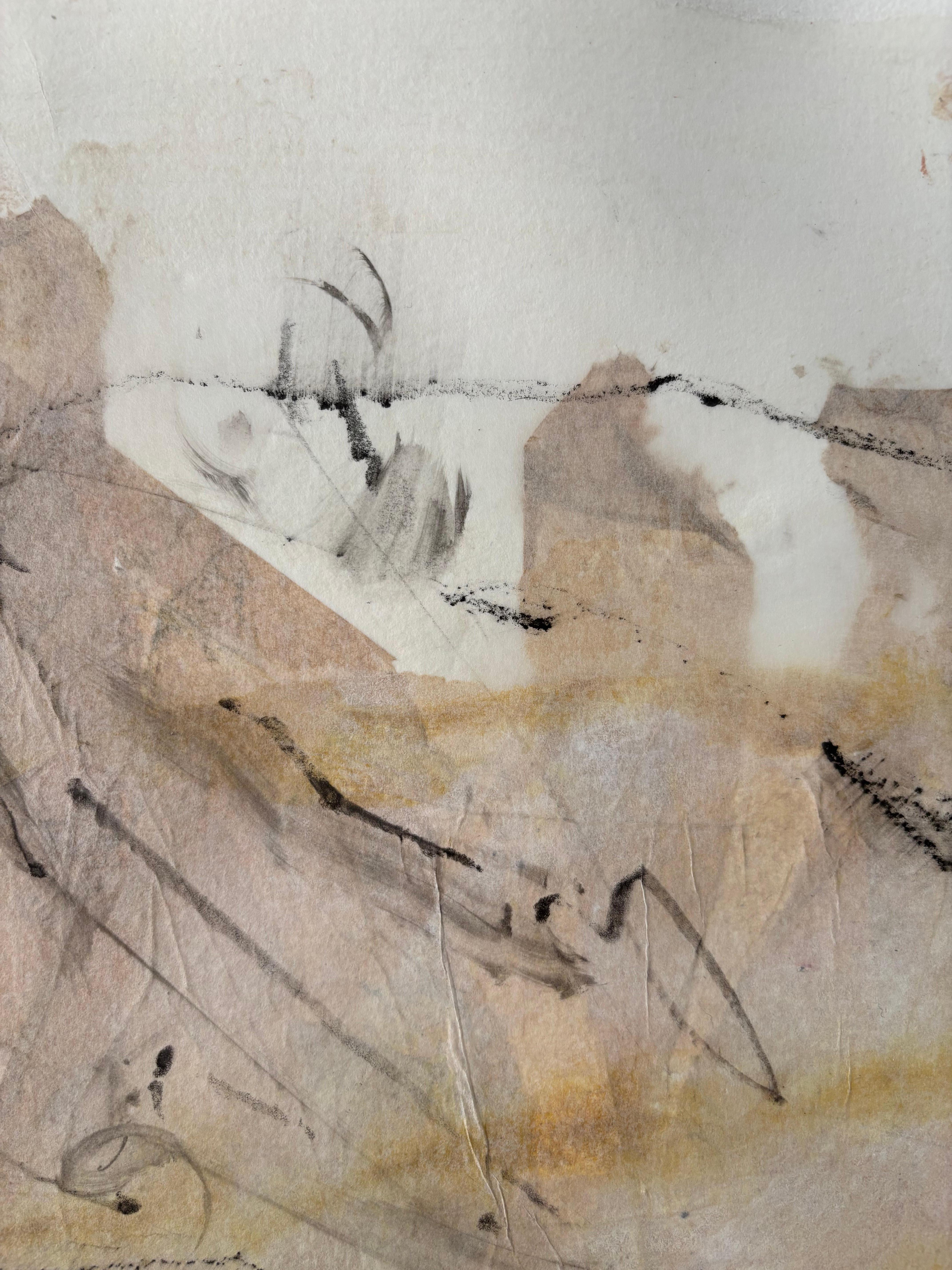On paper, acrylic paint and marking implements; graphite and Art Graf, a water-soluble kinetic media in tailor’s squares that easily fits into the hand to use the edges or the flat sides. These materials assist in tactile contemplation and haptic