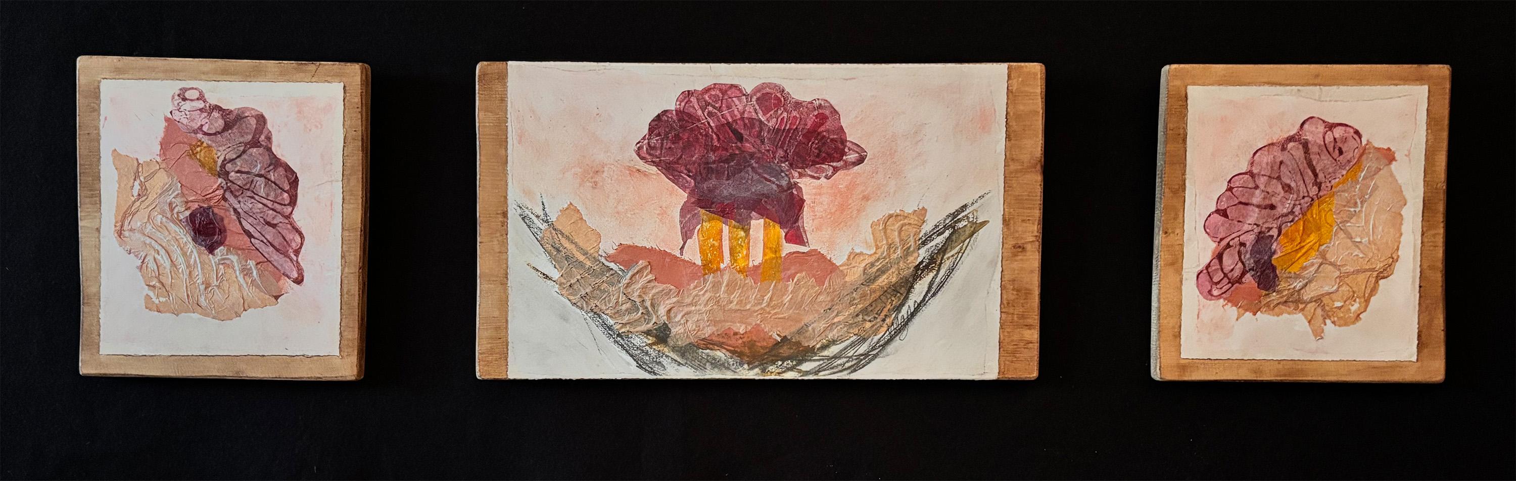 Triptych Boat with Spirit Winds, graphite, monoprint with cold wax on wood - Mixed Media Art by Majio