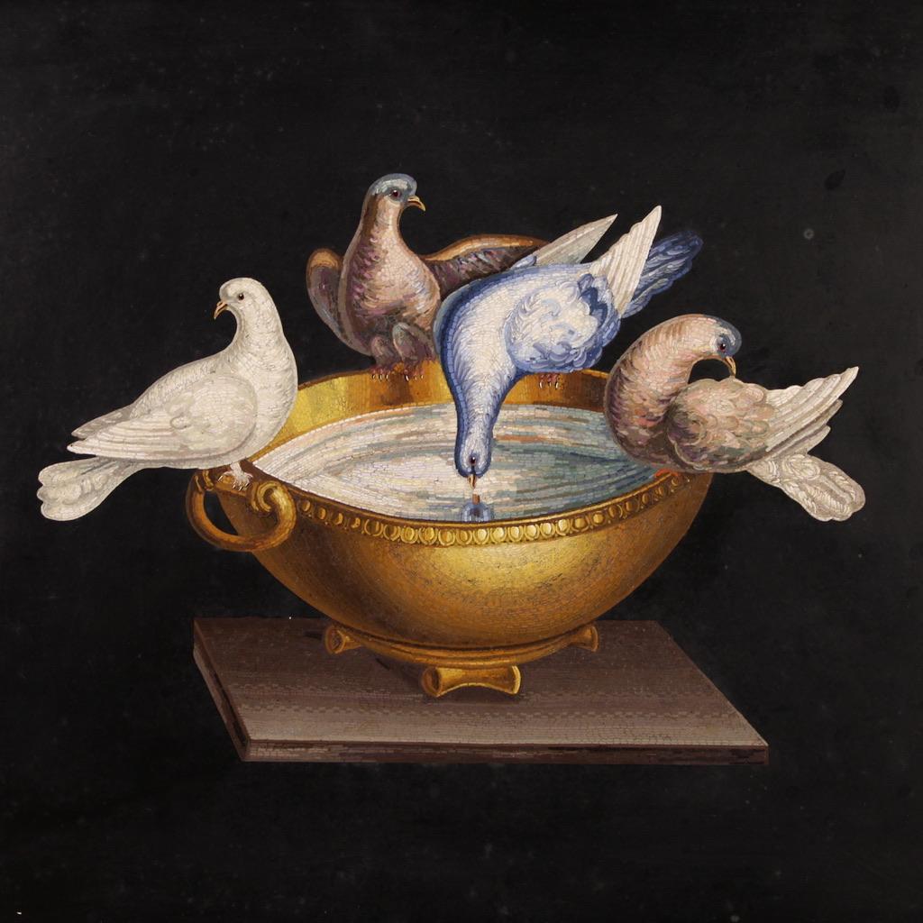 Beautiful 19th century Italian micromosaic. Also called minute mosaic or miniature mosaic or spun mosaic, it is a technique presented for the first time in Rome in 1775 in the workshop of the mosaicist Giacomo Raffaelli. This technique reached its
